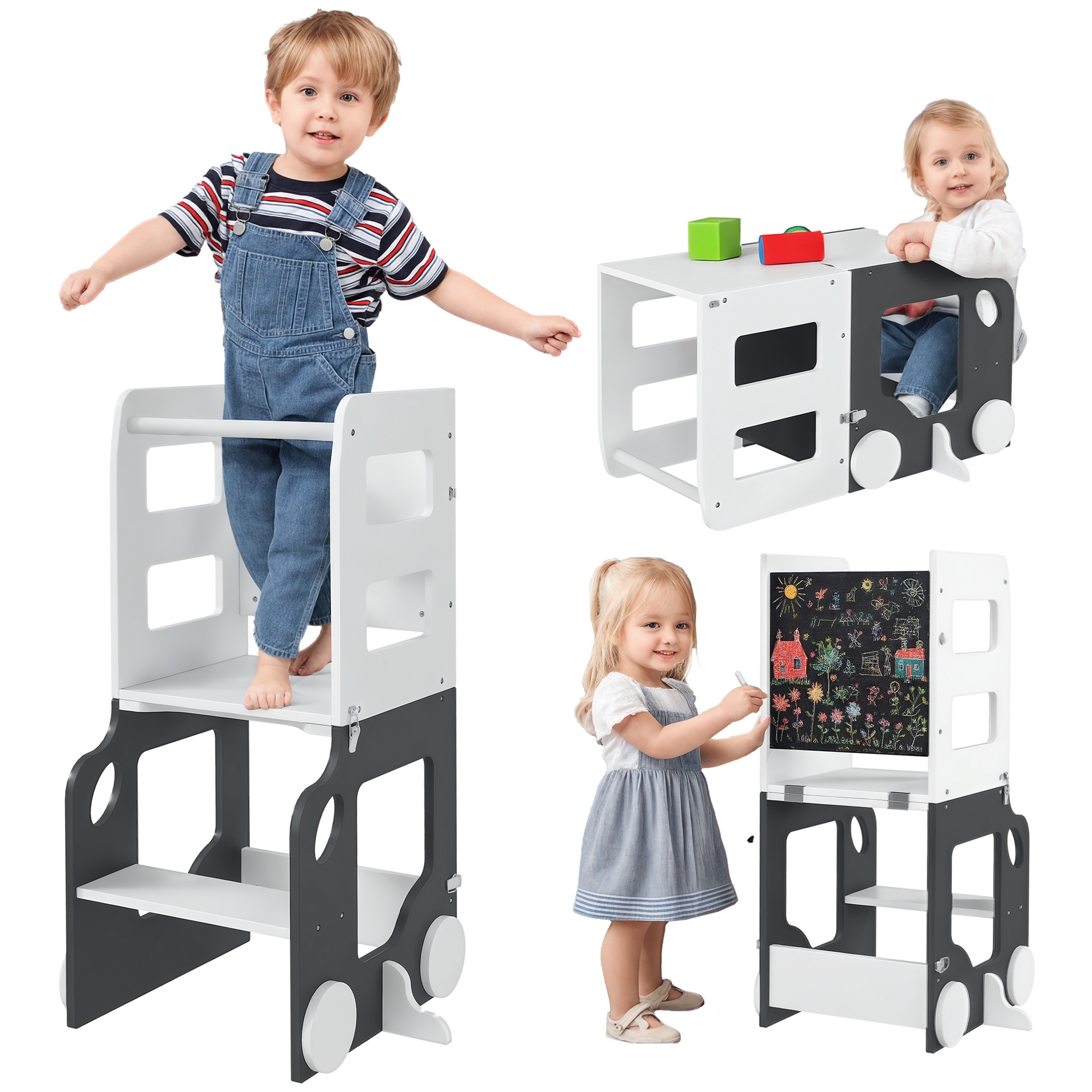 AIYAPLAY Torre de Aprendizaje Montessori 4 en 1 Taburete de Aprendizaje para Niños de +3 Años Convertible en Mesa y Silla con Pizarra de Doble Cara Barra de Seguridad 58x46x92 cm Blanco y Gris