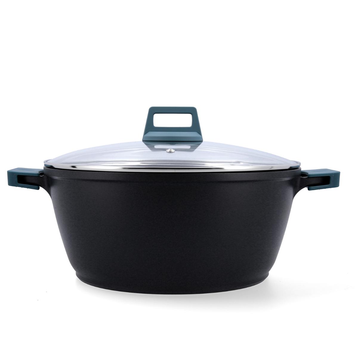 Cacerola con tapa aluminio fundido azul y negro mate Confort Quid - Tamaños 20, 24, 28 y 32 cm capacidad hasta 6L - Apta inducción y todo tipo de fuego - Asas extraíbles y apta horno
