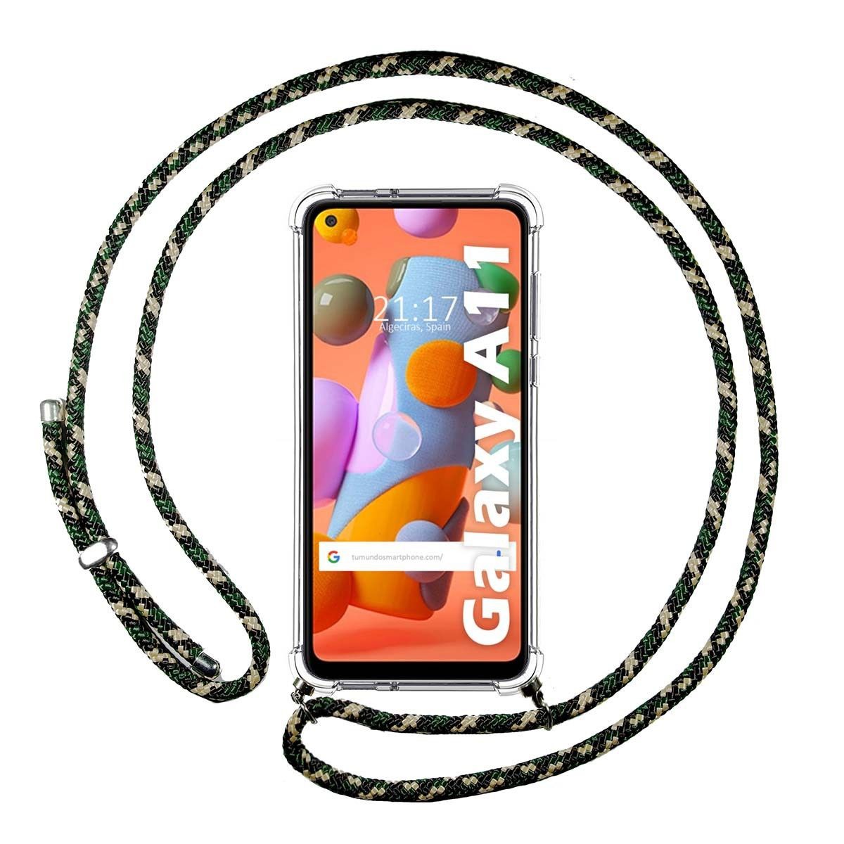 Tumundosmartphone Funda Colgante Transparente para Samsung Galaxy A11 / M11 con Cordon Verde / Dorado
