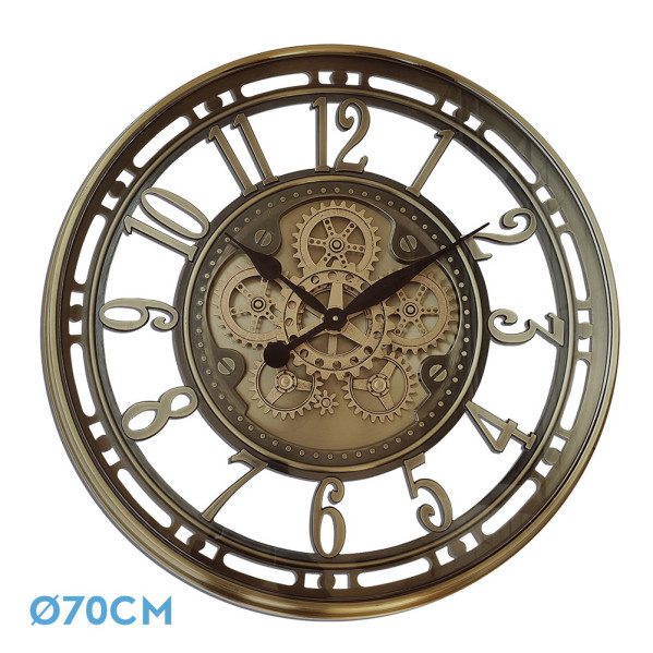 Reloj de pared MESINA bronce 70x70x8 cm engranajes con movimiento