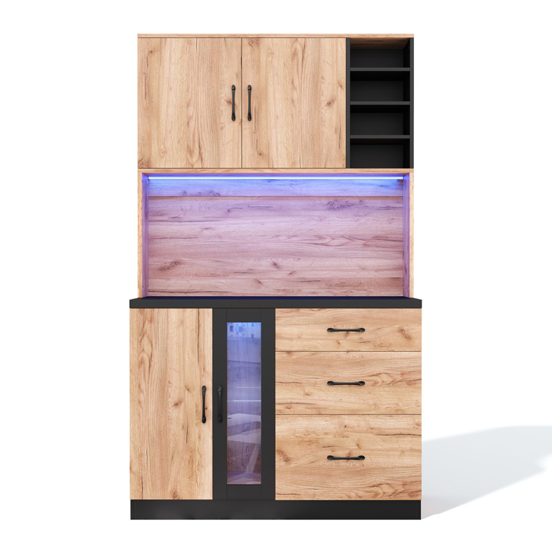 Armoire haute de cuisine noire et effet bois avec LED, prises européennes et rangements