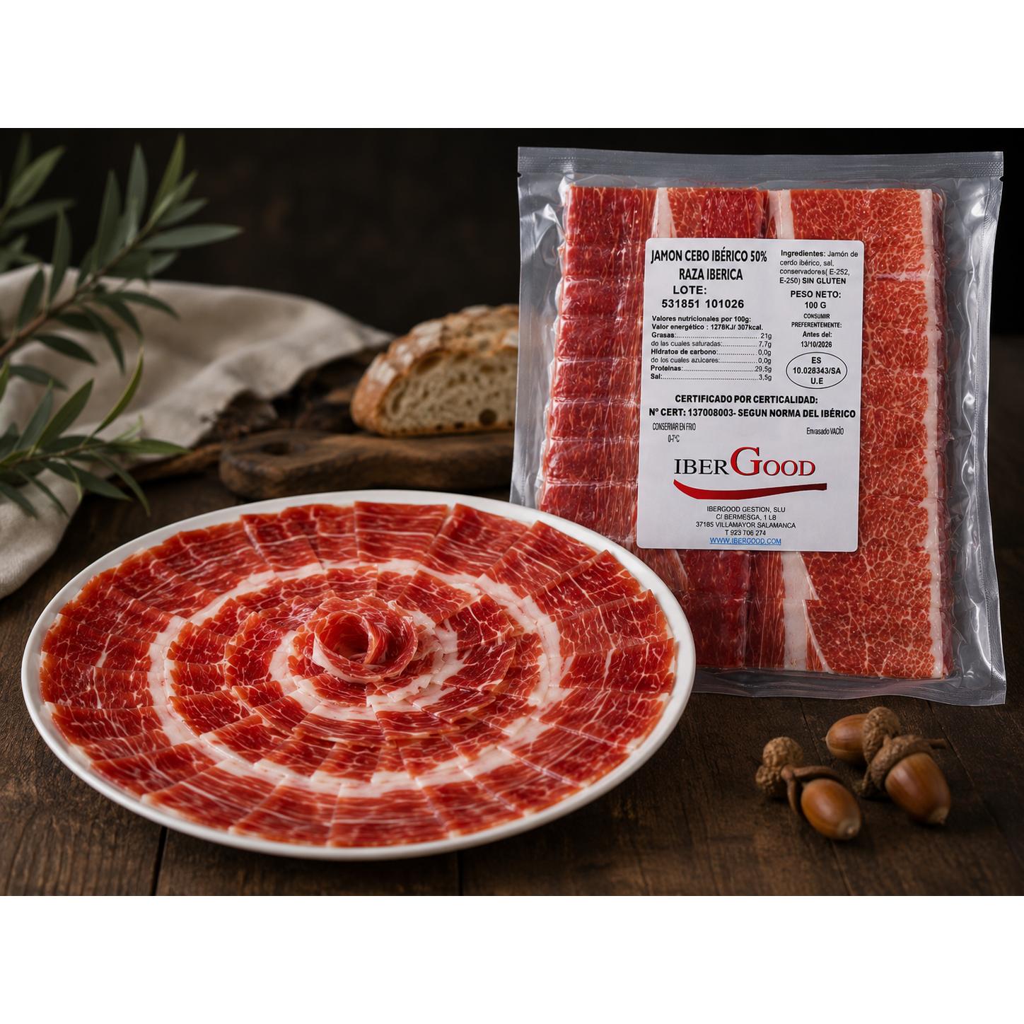 JAMON CEBO IBERICO LONCHEADO A MANO 50% RAZA IBÉRICA CERTIFICADO SEGUN NORMA DEL IBERICO CORTADO A MANO, 1 SOBRE DE 100G   (100G EN TOTAL). MÍNIMO 24 MESES DE CURACION. GOURMET. CALIDAD SUPERIOR. JAMON IBERICO LONCHEADO.