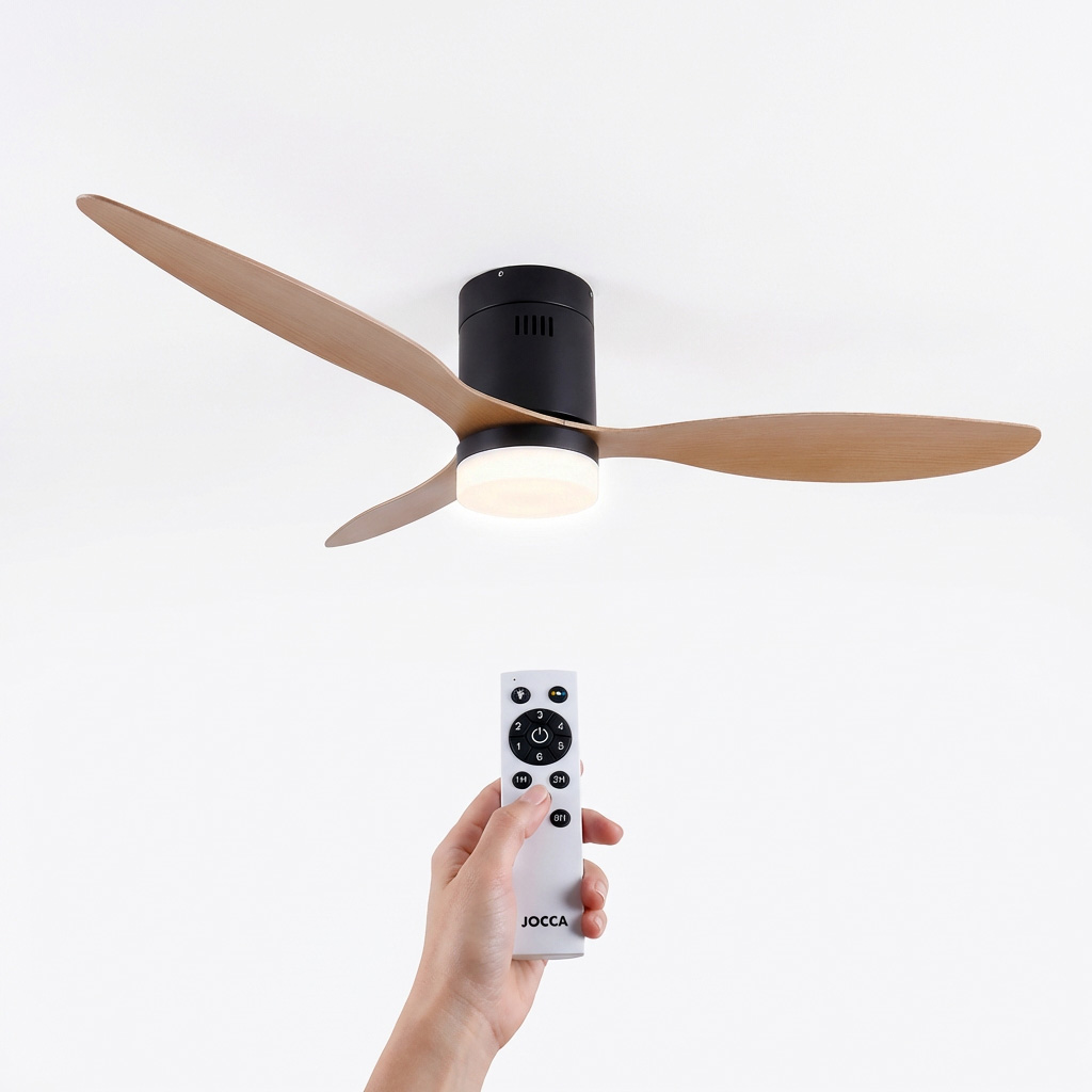Ventilador de techo negro Jocca con 3 elegantes aspas con acabados de madera, 6 velocidades a seleccionar con giro inverso, una moderna lámpara integrada con 3 intensidades de luz, temporizador, mando a distancia y 40W de potencia
