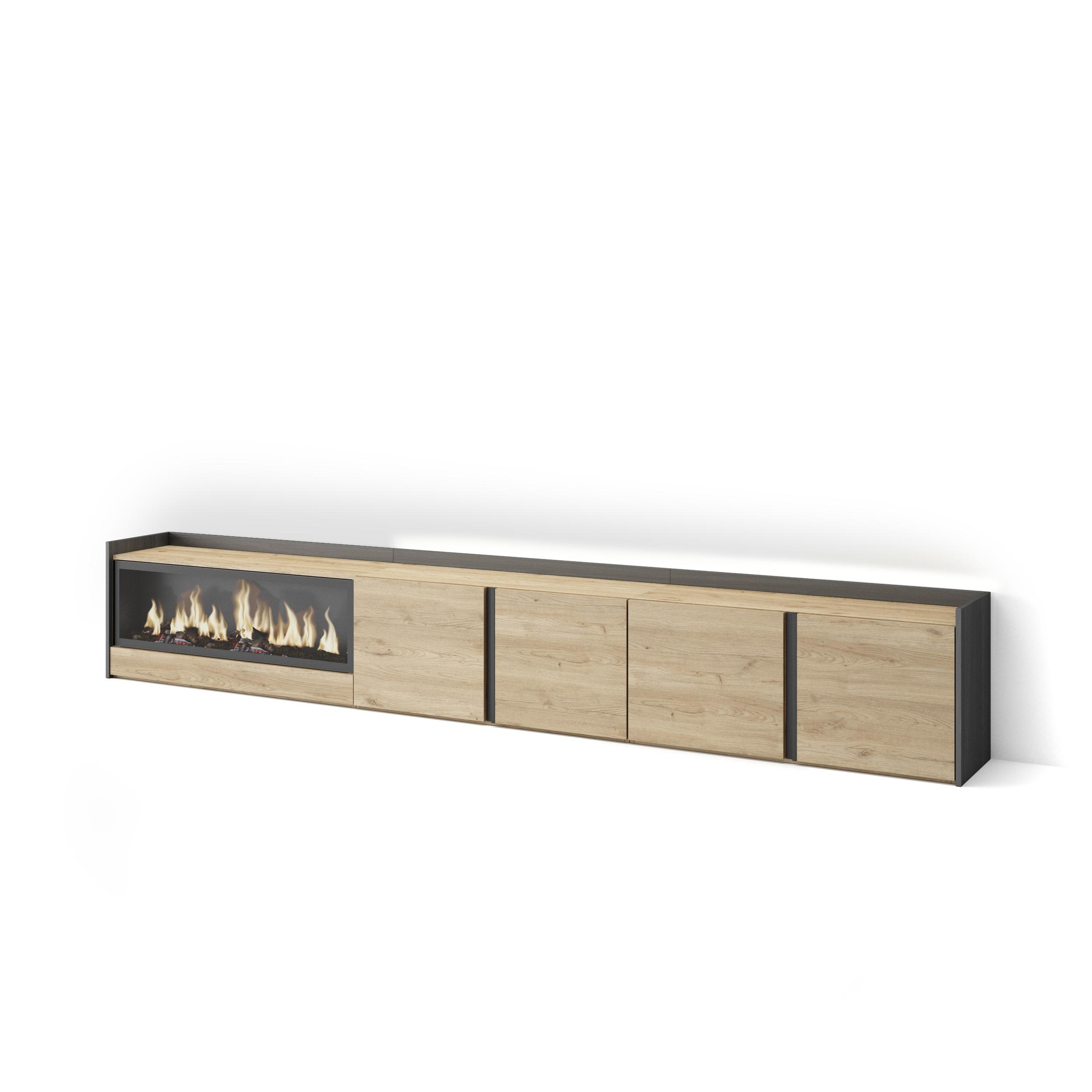 Skraut Home - Mueble TV, Televisión, 315x35x50cm, Para TV hasta 80", Chimenea eléctrica XXL, LED