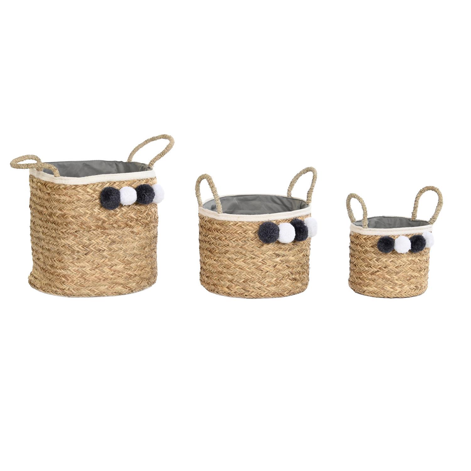 CESTA SET 3 FIBRA ALGODON 41X37X36 POMPON NATURAL DC202364 - EL MEJOR COMPLEMENTO PARA TU HOGAR FIJALO