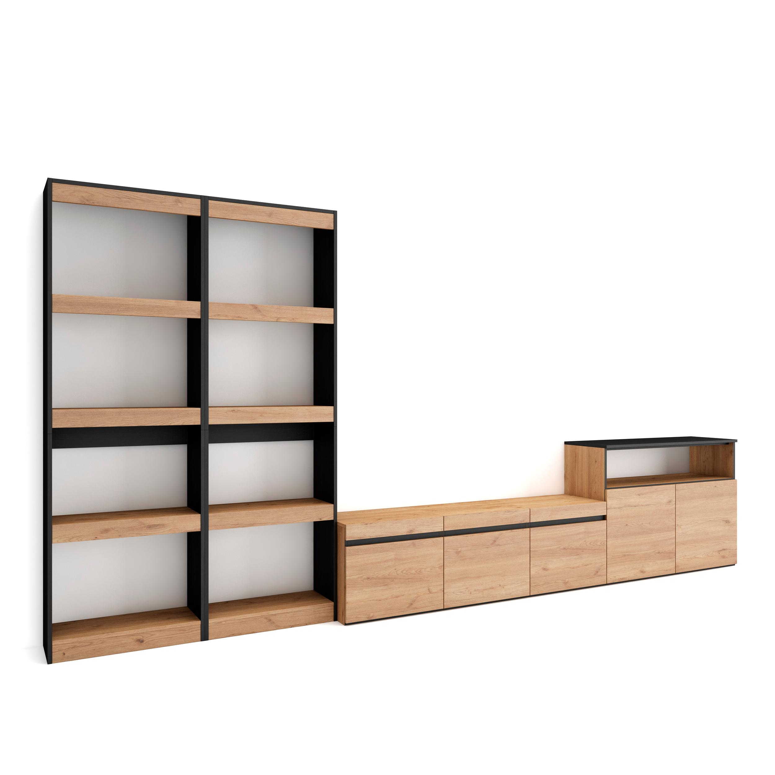 Skraut Home, Conjunto de muebles de Salón, doble Estantería y organización, Mueble TV con tres puertas, Aparador con dos puertas, 370x35x186cm
