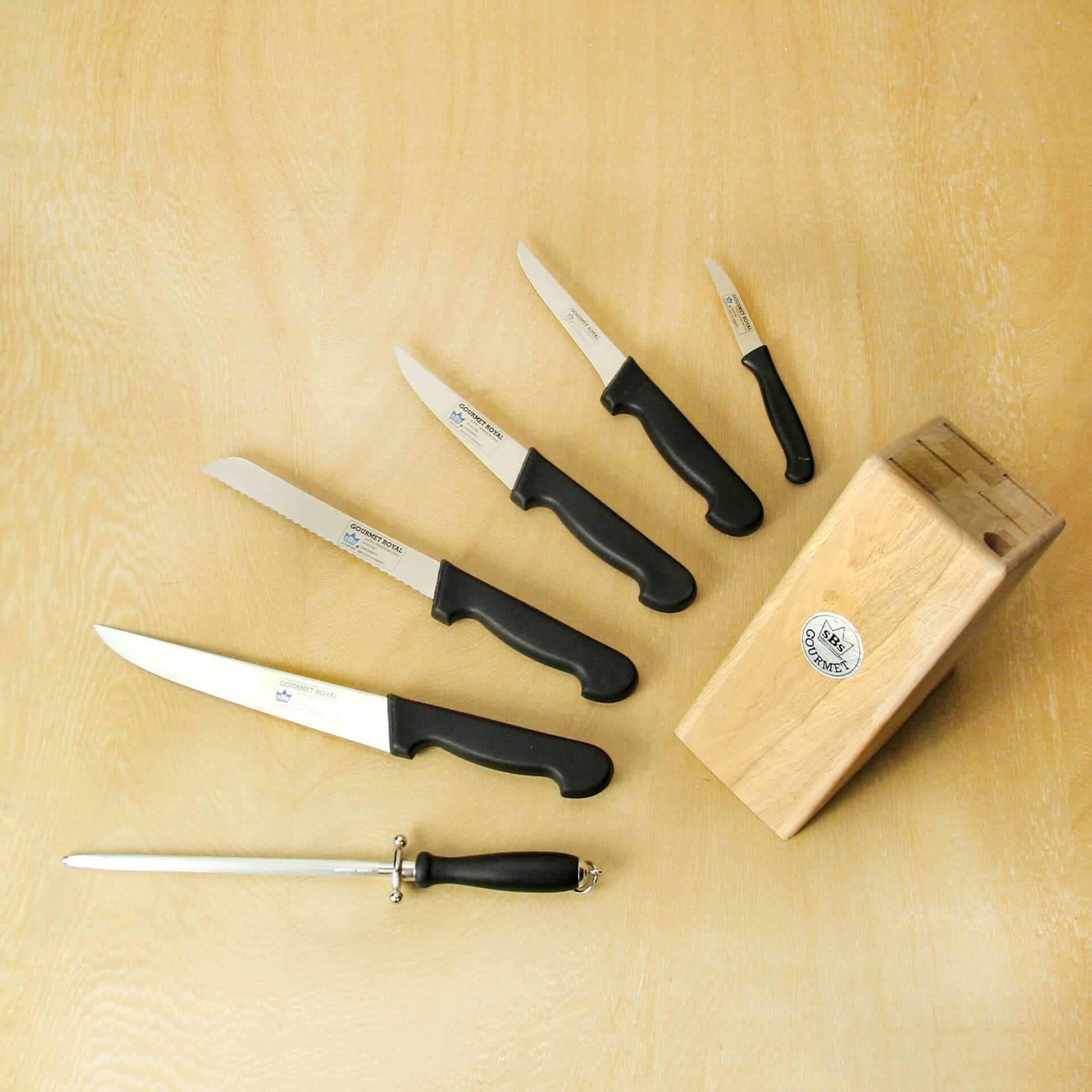 Juego de cuchillos de cocina ultraresistentes con soporte y chaira afilador (7 piezas) Royal, forjados al vanadio y fabricados en acero inoxidable CRC Juegos de cuchillos de cocina  CRC menaje