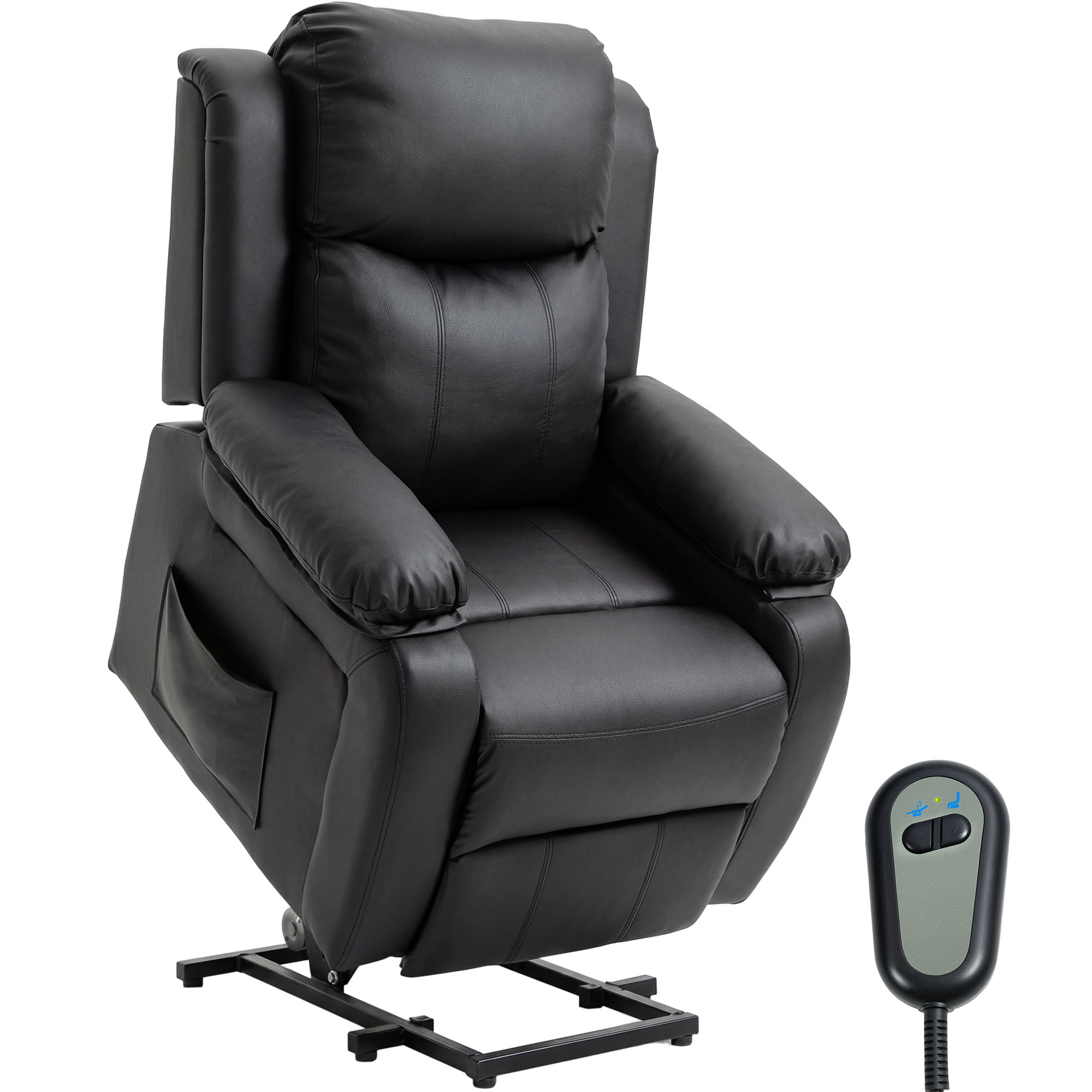 HOMCOM Sillón Relax Eléctrico Reclinable Levanta Personas, Sillón Elevador, con Respaldo Alto, Control Remoto, Reposapiés, Acolchado Grueso, Tapizado en PU, Bolsillos Laterales, Negro
