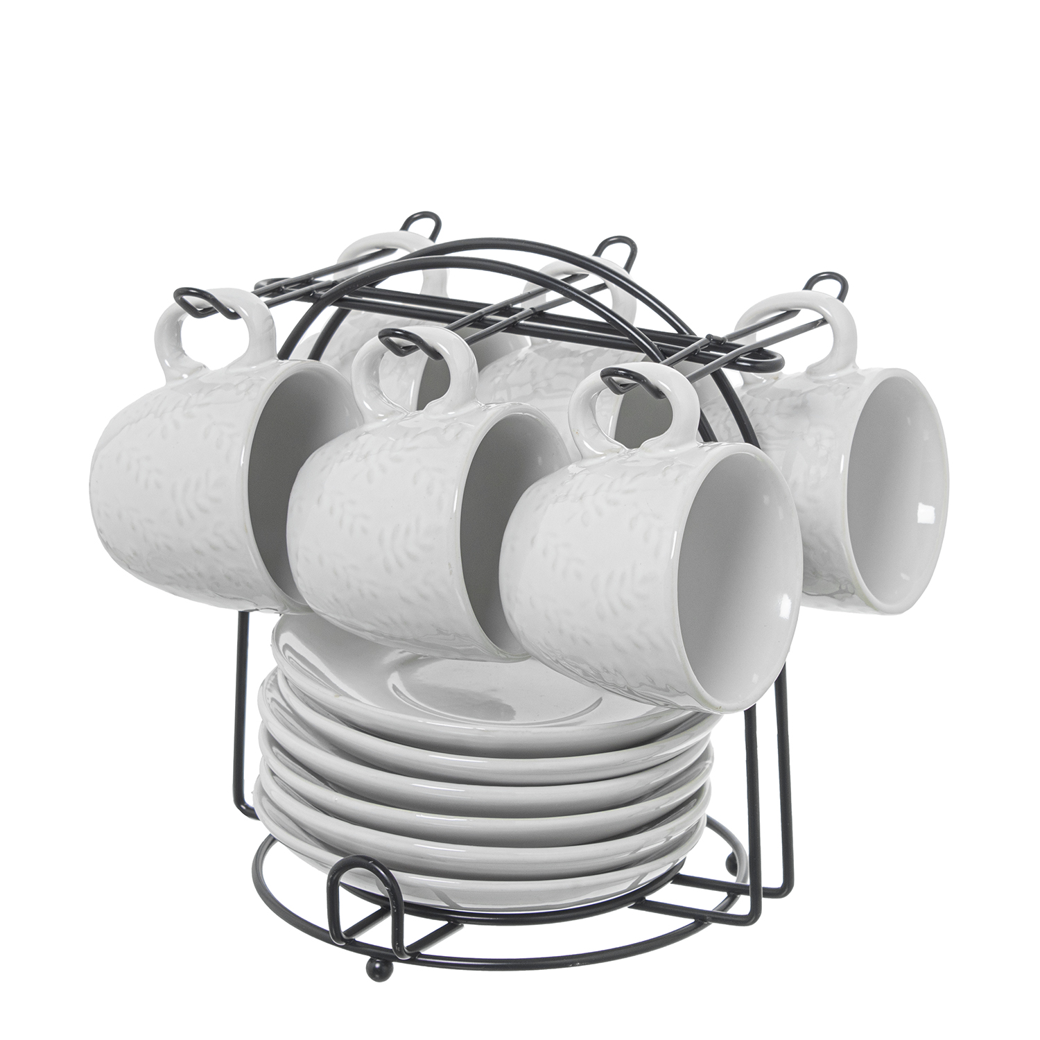 Set 6 tazas cafe con plato ceramica blanca con soporte metal neg taza: 89ml 6, 5x5, 5cm plato: 12