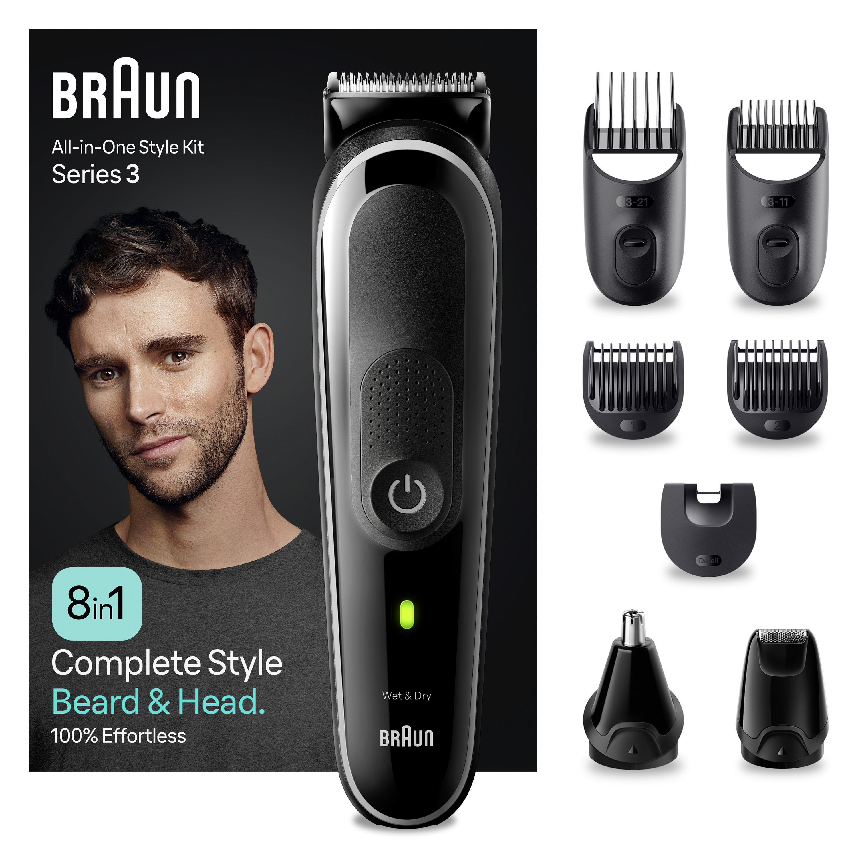 Braun - Braun Series 3 MGK3440 recortadora todo en uno, kit 8 En 1 de afeitado diario para hombres, recorte de barba, cortar el pelo, recortadora para nariz y orejas y más, con lámina ultraafilada, resistente al agua, recargable, 80 min de autonomía inalámbrica
