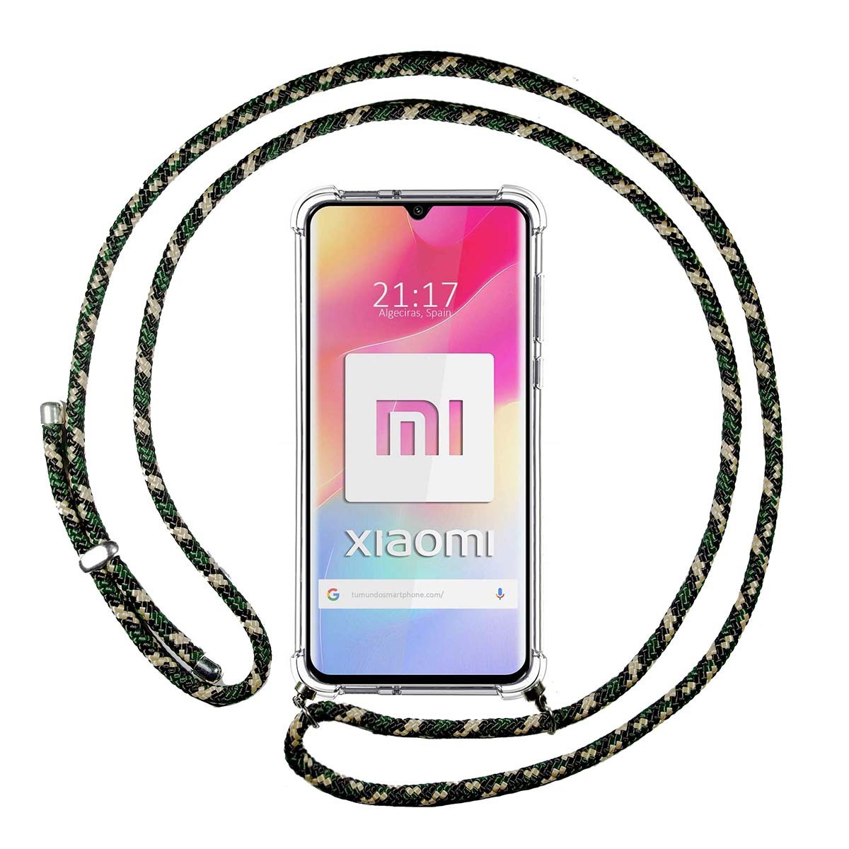 Tumundosmartphone Funda Colgante Transparente para Xiaomi Mi 10 Lite con Cordon Verde / Dorado