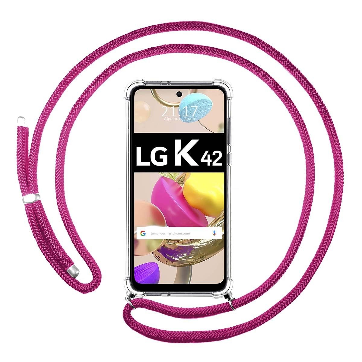 Tumundosmartphone Funda Colgante Transparente para LG K42 con Cordon Rosa Fucsia