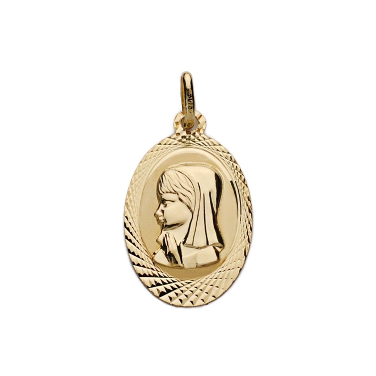 Medalla oro 18k Virgen Niña 20mm. oval detalle cerco tallado