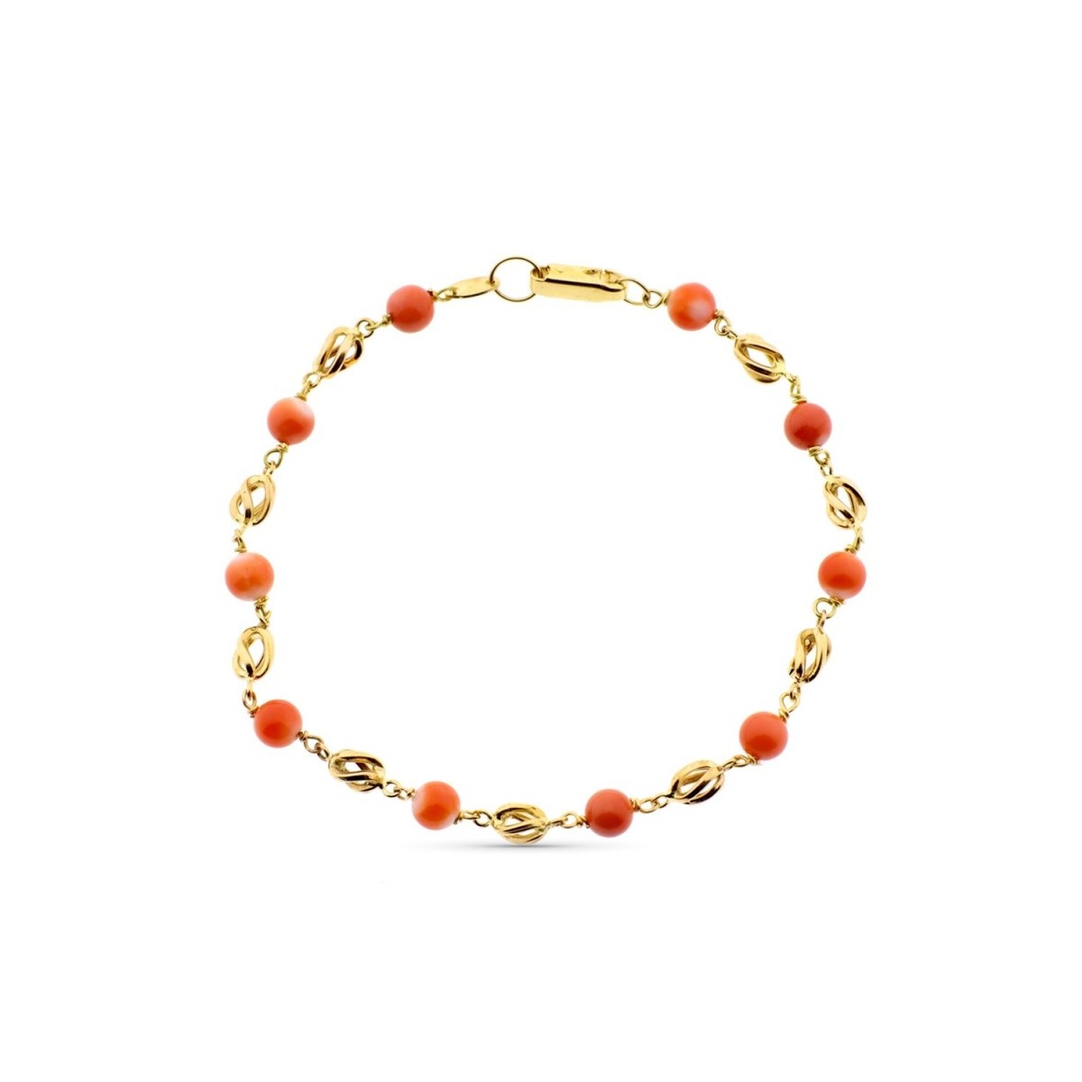 Pulsera oro 18k combinada 20cm. entrepiezas jaulas coral fino japonés 5mm. cierre mosquetón