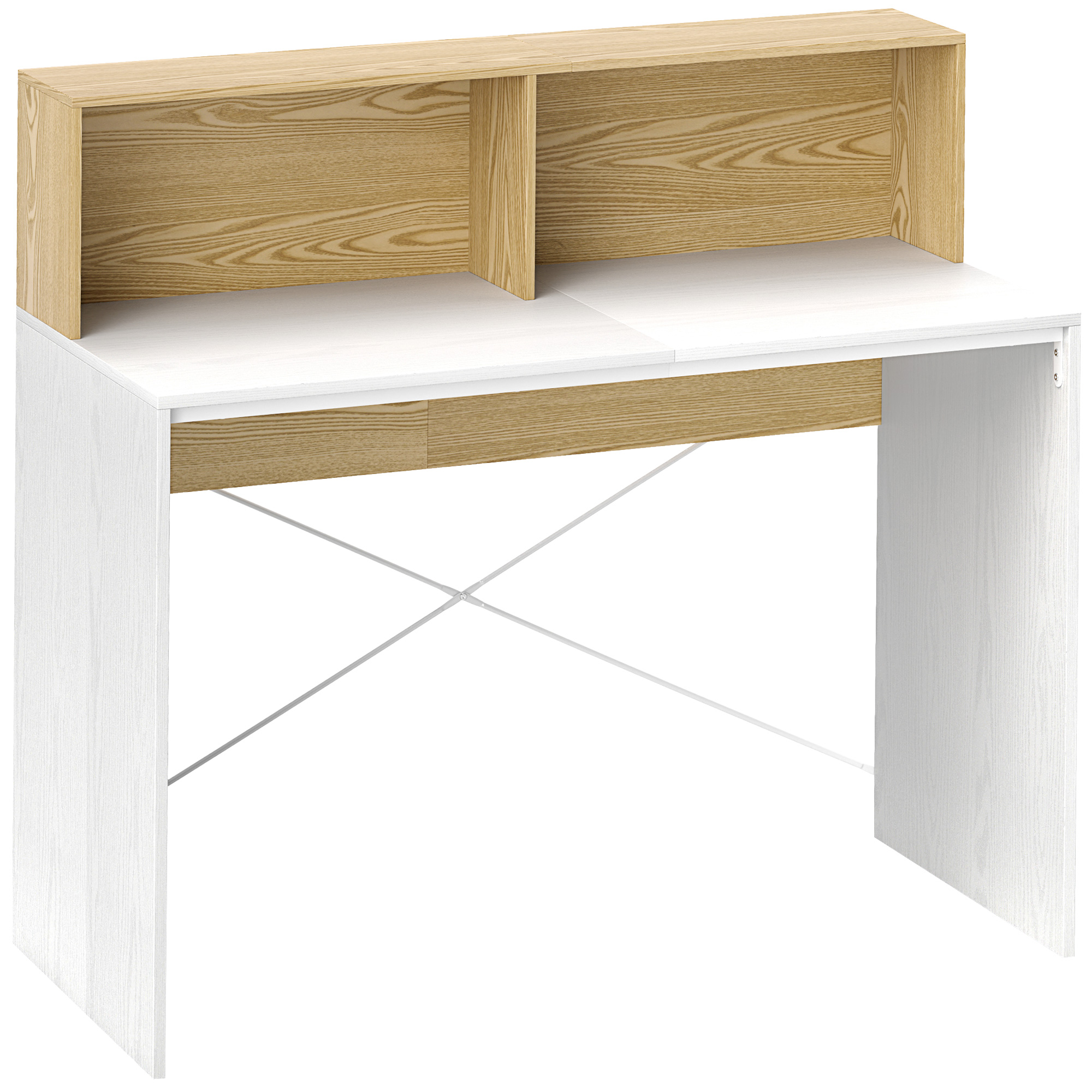 HOMCOM Escritorio, 110x50x102,6 cm, Mesa de Escritorio, Mesa de Ordenador con 2 Compartimentos Abiertos y Estante, Fácil de Montar, para Casa, Oficina, Dormitorio, Estudio, Blanco y Madera Natural