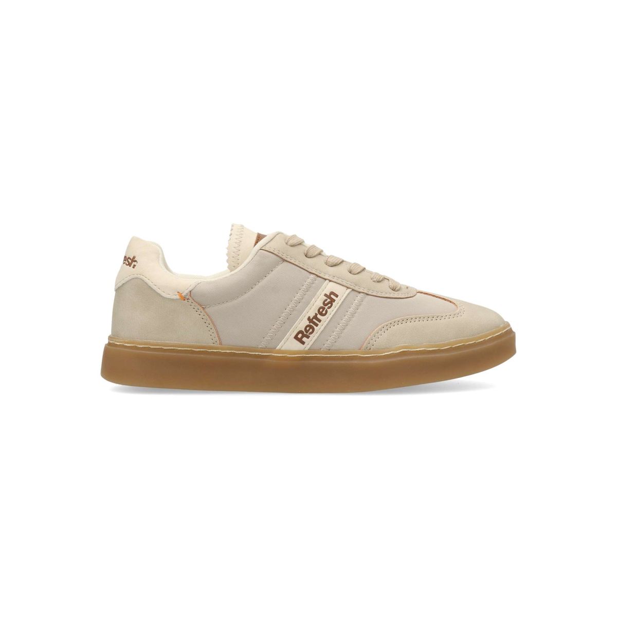 Refresh - Zapatillas sneakers casual taupe vegano para mujer, fabricadas en piel sintética y textil con suela de goma caramelo y plantilla acolchada extraíble