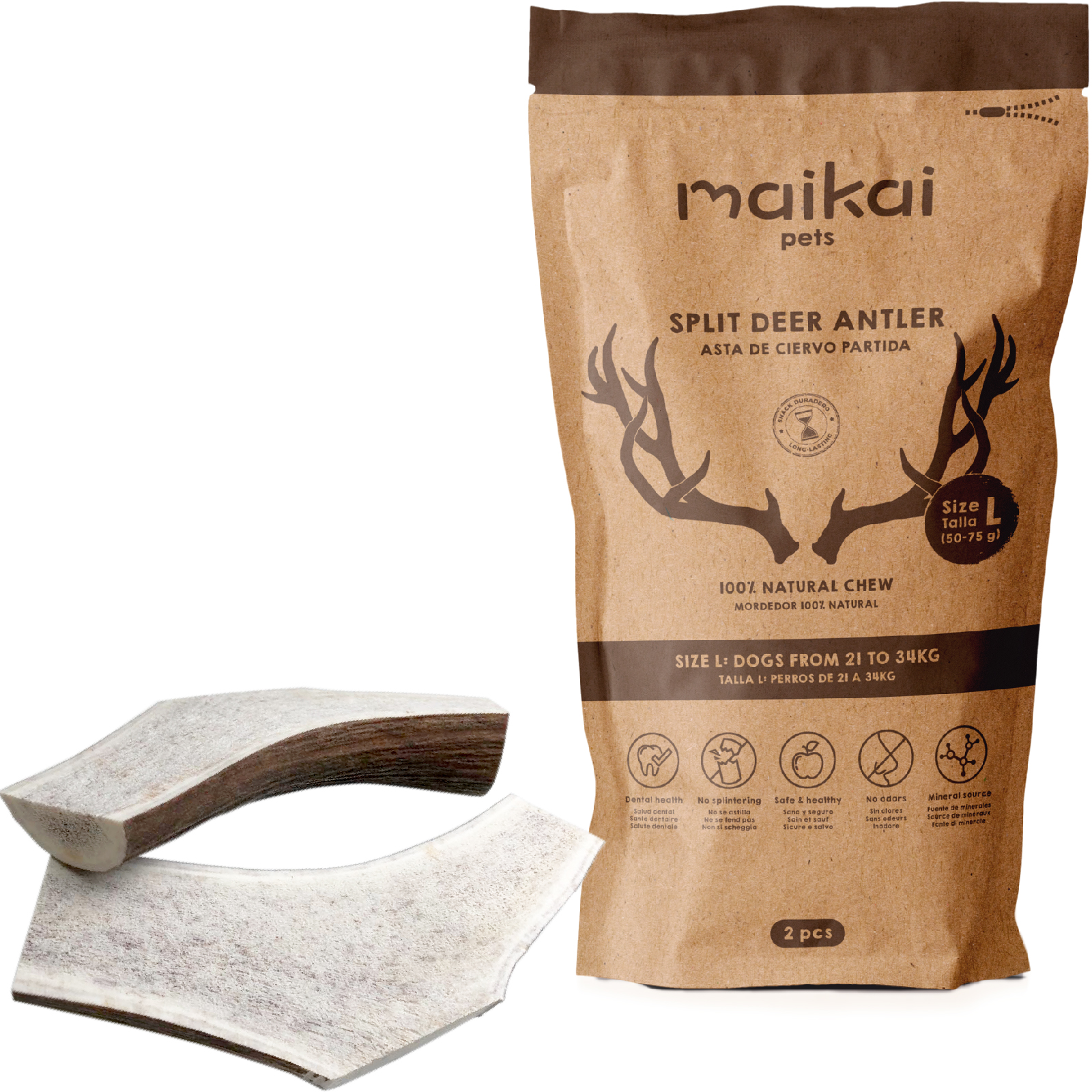MAIKAI PETS - Asta de Ciervo Partida para Perro Pack de 2 - Mordedor Natural para Perros - Resistente  -  Juguete para Perros