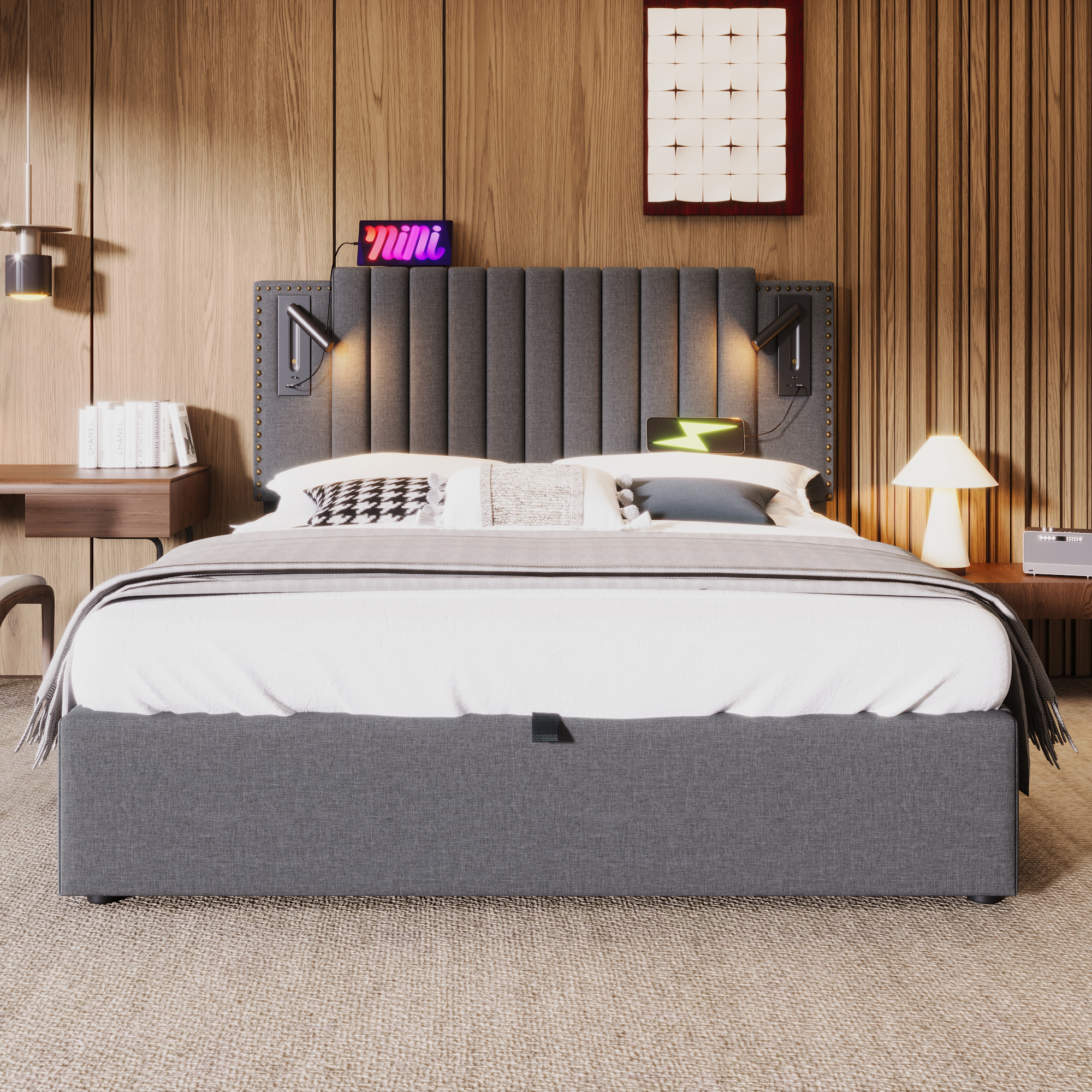 Lit rembourré gris 160 x 200 cm avec coffre de rangement, tête de lit réglable, liseuse et ports USB Type-C