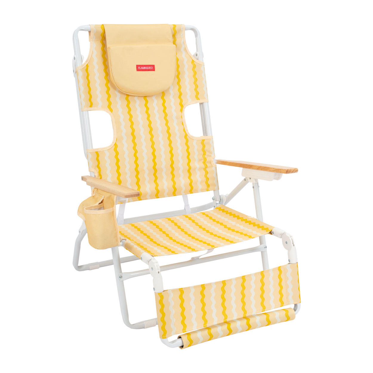 Flamingueo Silla Playa Plegable Reclinable 5 Posiciones Agujero Cabeza y Brazos Reposapiés 3 Posicones Asas Mochila Bolsillo Insulado y Posavasos Aluminio y Poliéster 67,3 x 72,2 x 101,3 cm