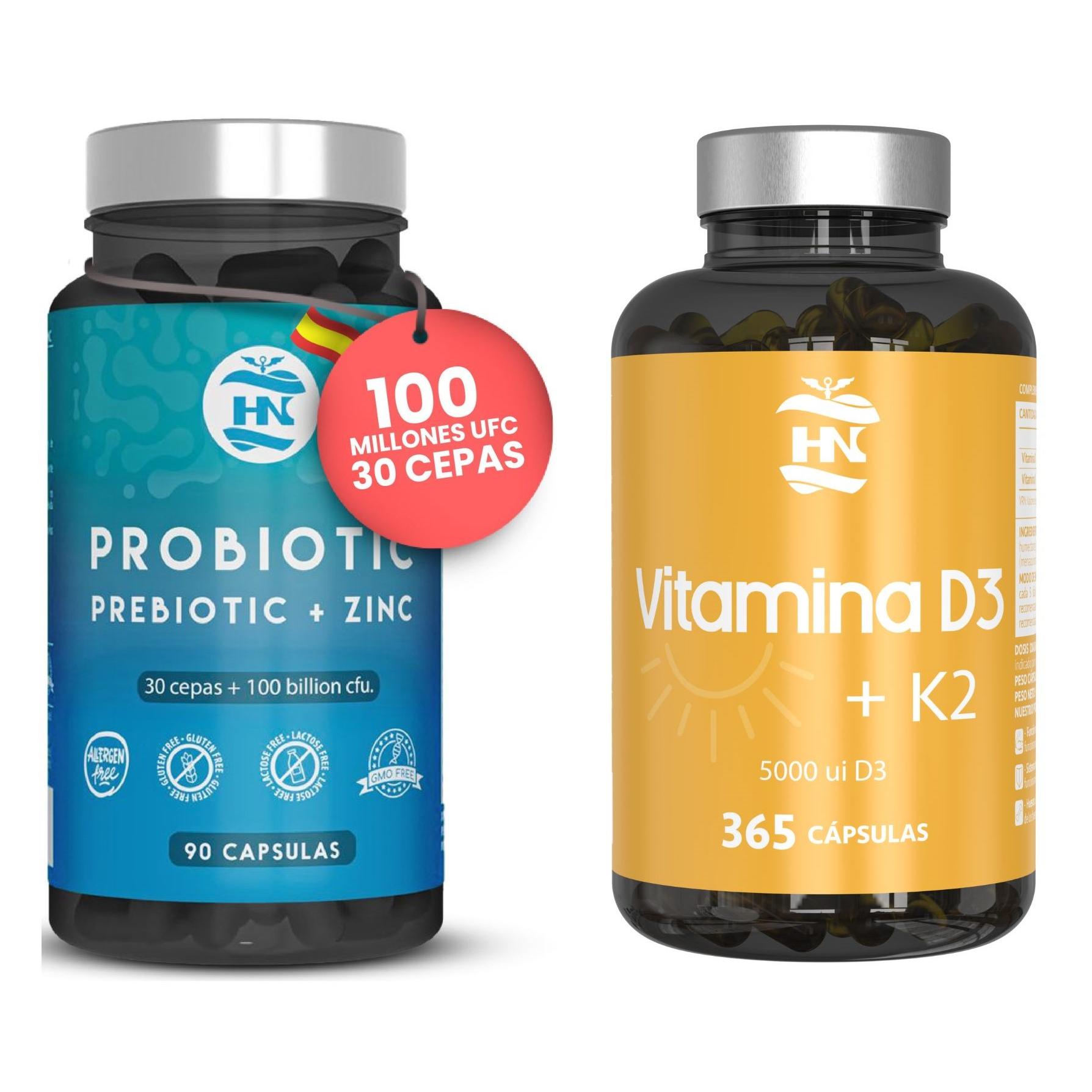 HN - Healthy Nutrition - Pack Vitamina D3 & Probióticos y Prebióticos - Sistema Inmune - 365 Cápsulas de vitamina D3 K2 – Vitamina D (5000 UI) altamente concentrada. Probioticos y Prebioticos Intestinales. 100 mil millones de UFC 90 Capsulas 30 Cepas
