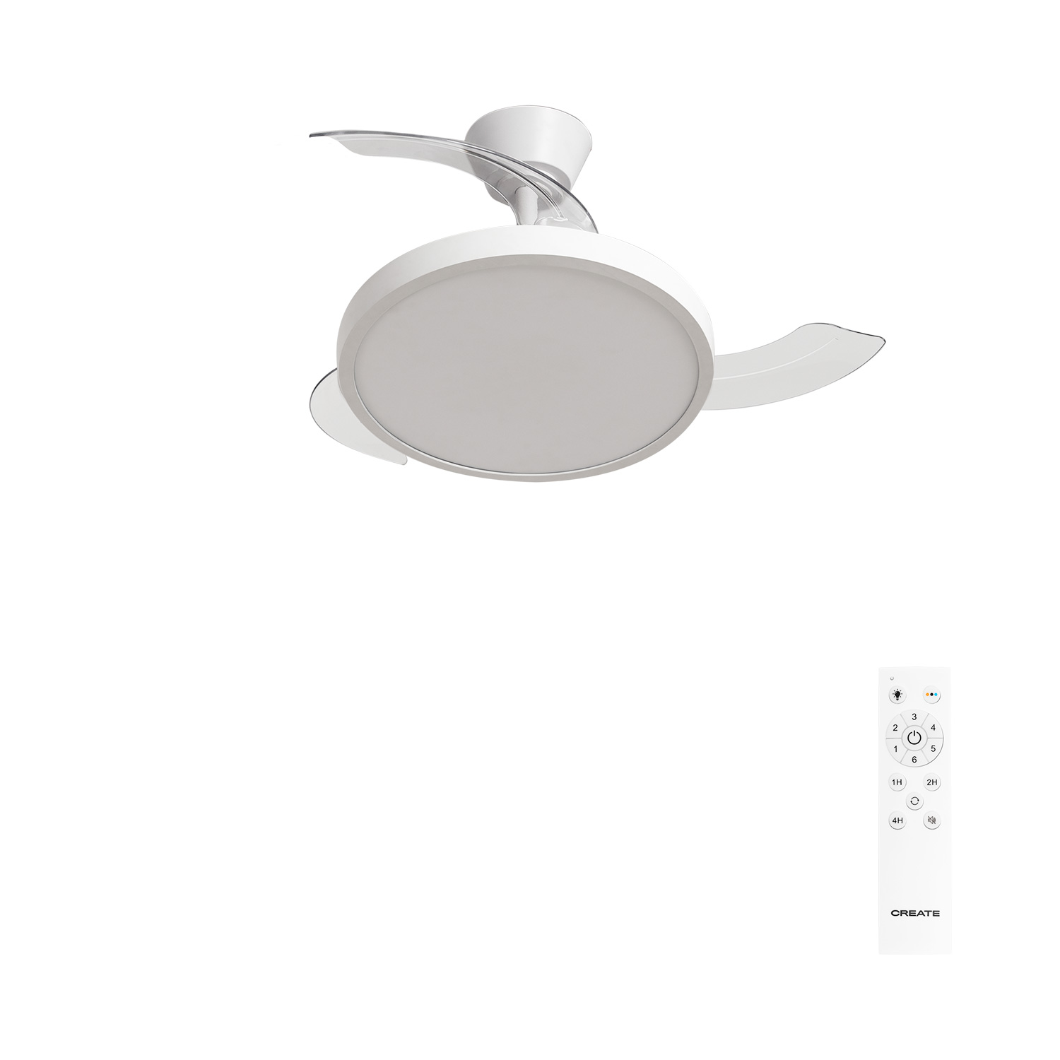 CREATE - Ventilador de techo 40W silencioso aspas retráctiles con luz LED, con Luz, tamaño Ø91cm o Ø108 cm - WIND CLEAR STUDIO