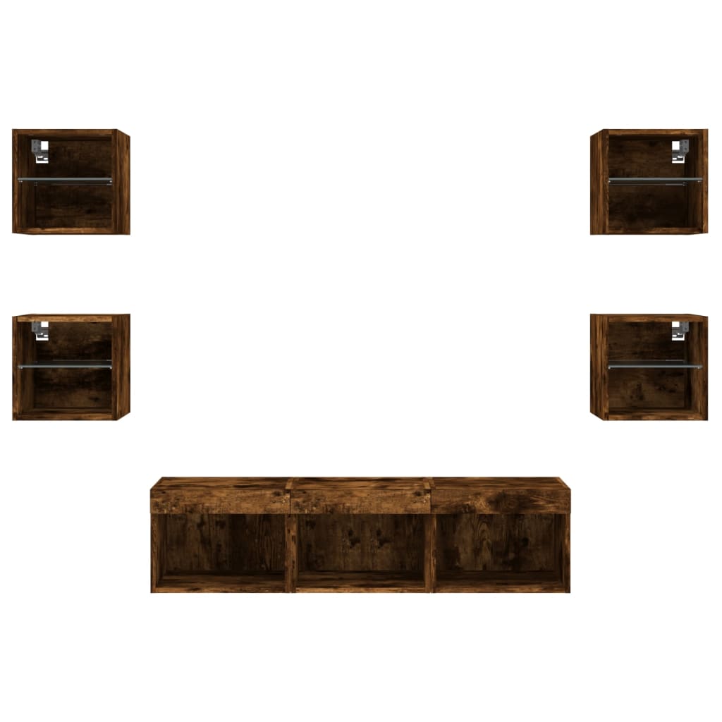 vidaXL Muebles TV pared con LED 7 pzas madera ingeniería roble ahumado