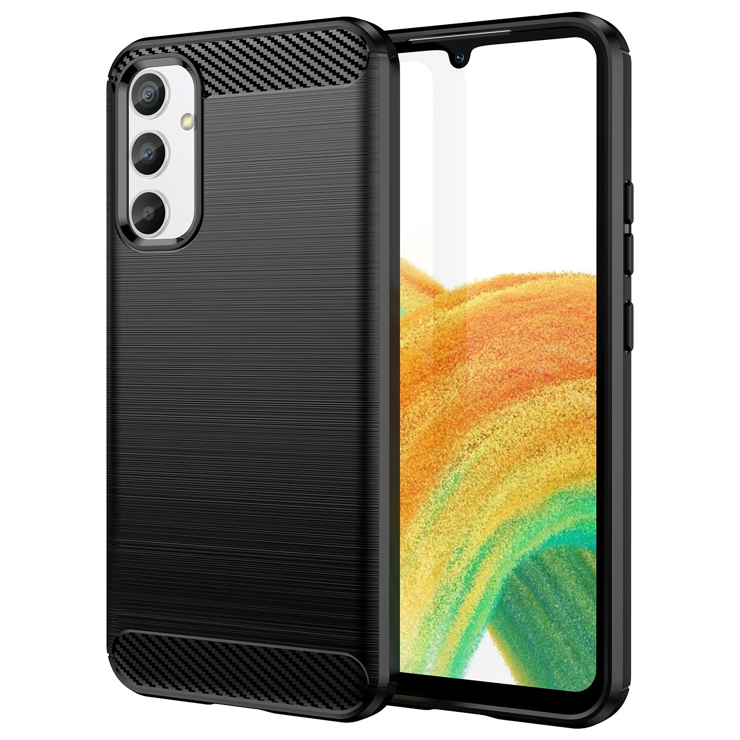 Funda para móvil Samsung Galaxy A34 5G Carcasa Protectora Antigolpes Silicona Negra Diseño Fibra de Carbono Resistente Absorción de Choque [Compatible Carga Inalámbrica]