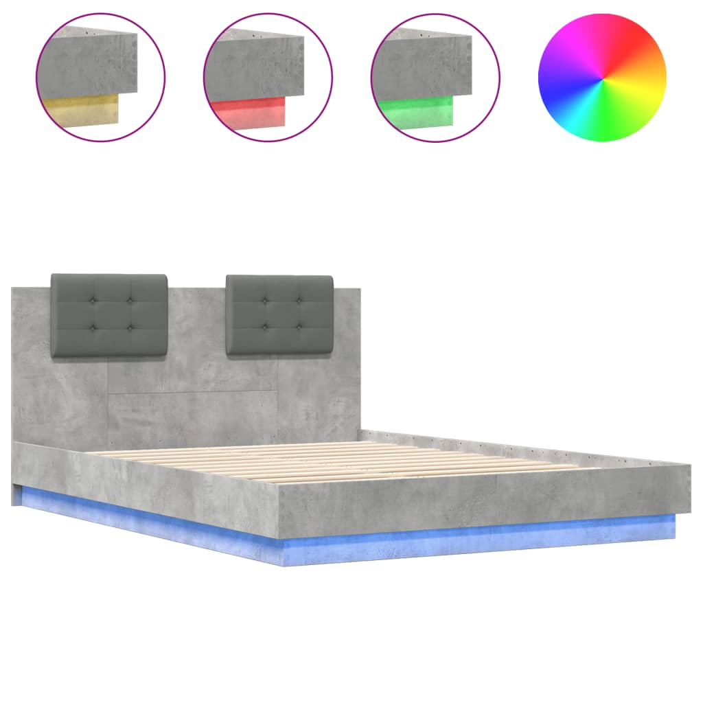 vidaXL Estructura de cama cabecero luces LED gris hormigón 150x200 cm