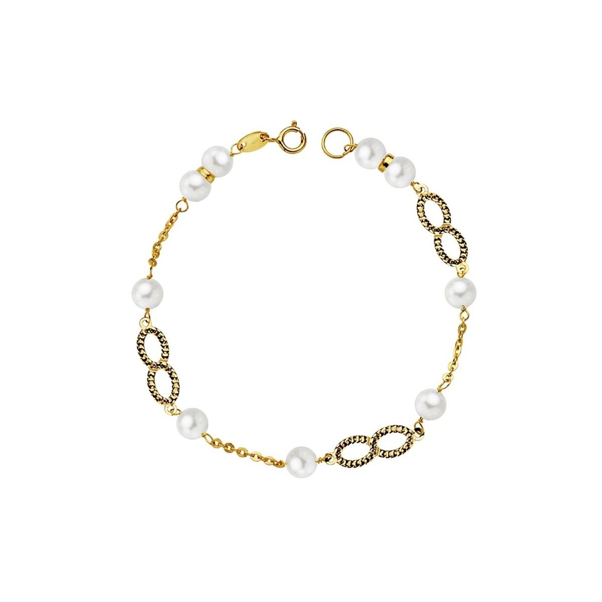 Pulsera oro 18k primera comunión 18cm. perla 5.5mm infinitos tallados niña reasa cadena forzada