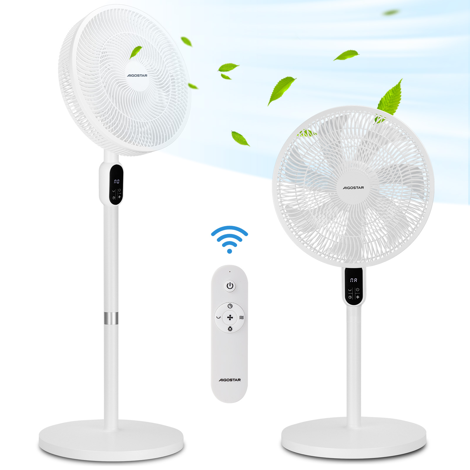 Aigostar Ventilador de Pie y Sobremesa 2 en 1 – Silencioso, oscilación de 120°, 7 aspas, mando a distancia, pantalla táctil, temporizador de 12 h, 3 velocidades y 3 modos, altura 90/125 cm. Colores: blanco y negro.