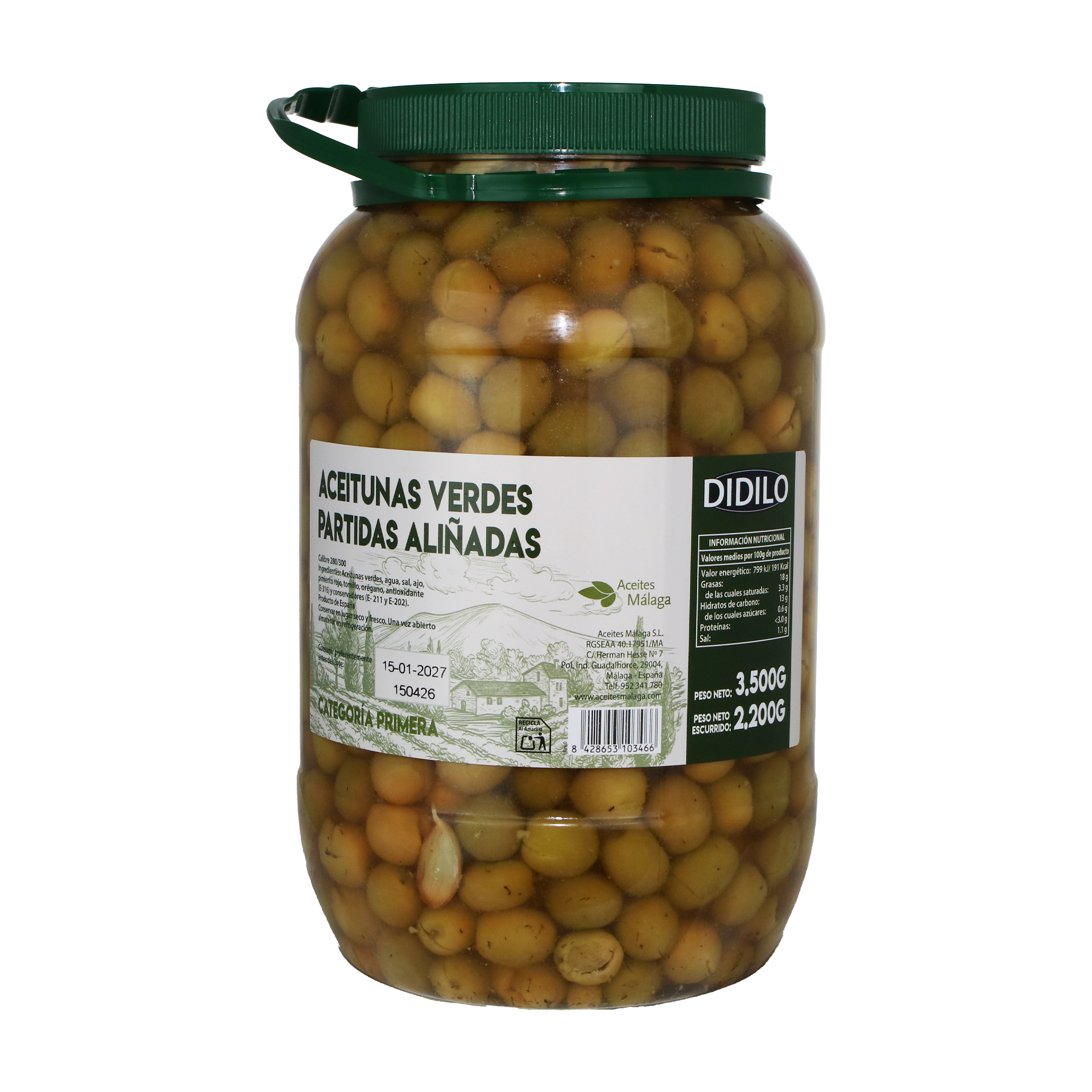DIDILO ACEITUNAS VERDES PARTIDAS PRIMERA BOTE PET 3KG (2.2 KG ESC)
