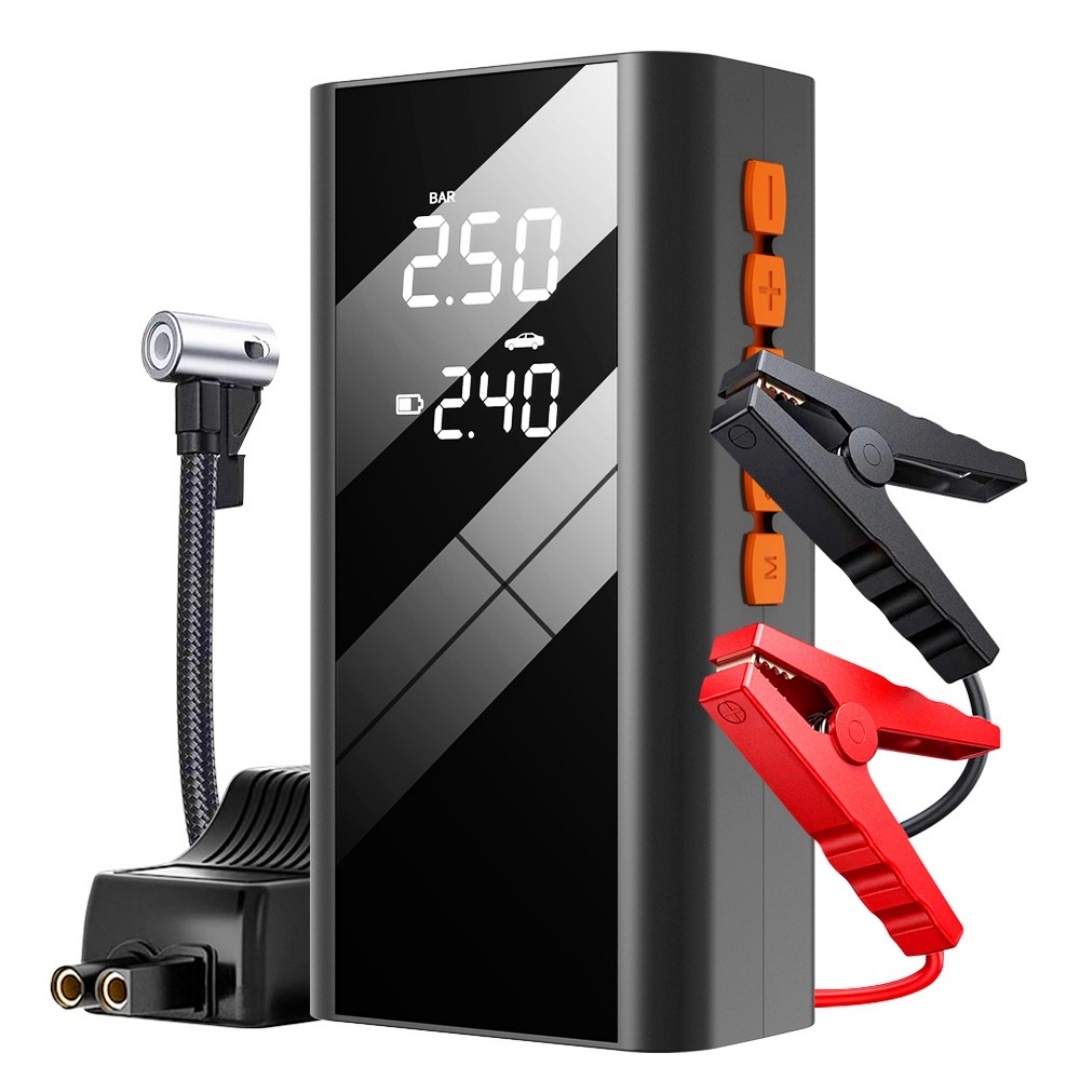 Arrancador de Emergencia 4 en 1 con Compresor de Aire 150 PSI, Batería Externa 1200 A y Linterna LED SOS para Coches Gasolina/Diésel Hasta 4.0L/2.0L – Ideal para Arranque Rápido, Inflado y Emergencias