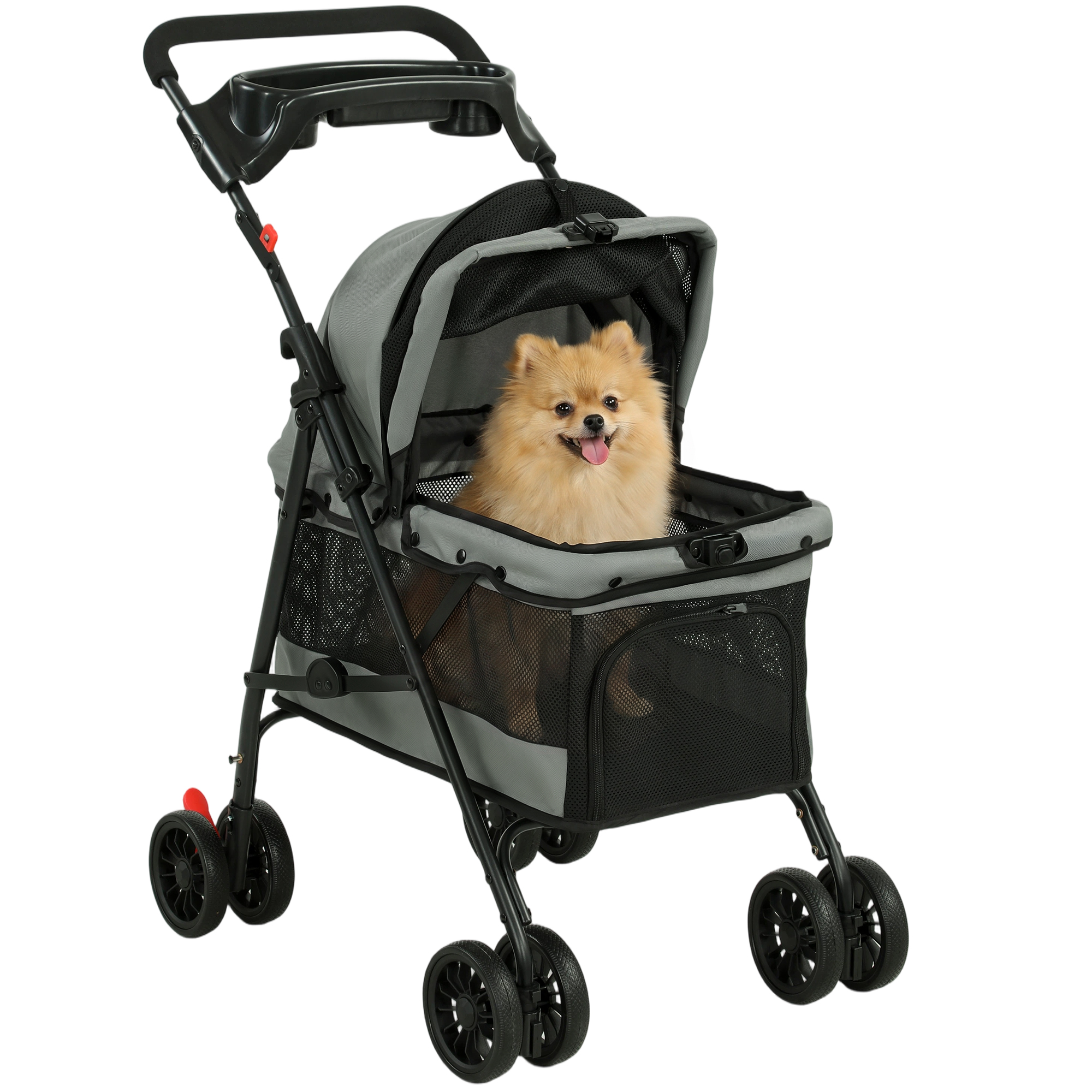 PawHut Cochecito para Perros Plegable, hasta 10 kg, Carrito para Perros Pequeños y Gatos de 4 Ruedas de EVA, Giratorio y Freno, Ventanas de Malla, Cojín Extraíble, Bandeja y Portavasos, Ligero, Gris