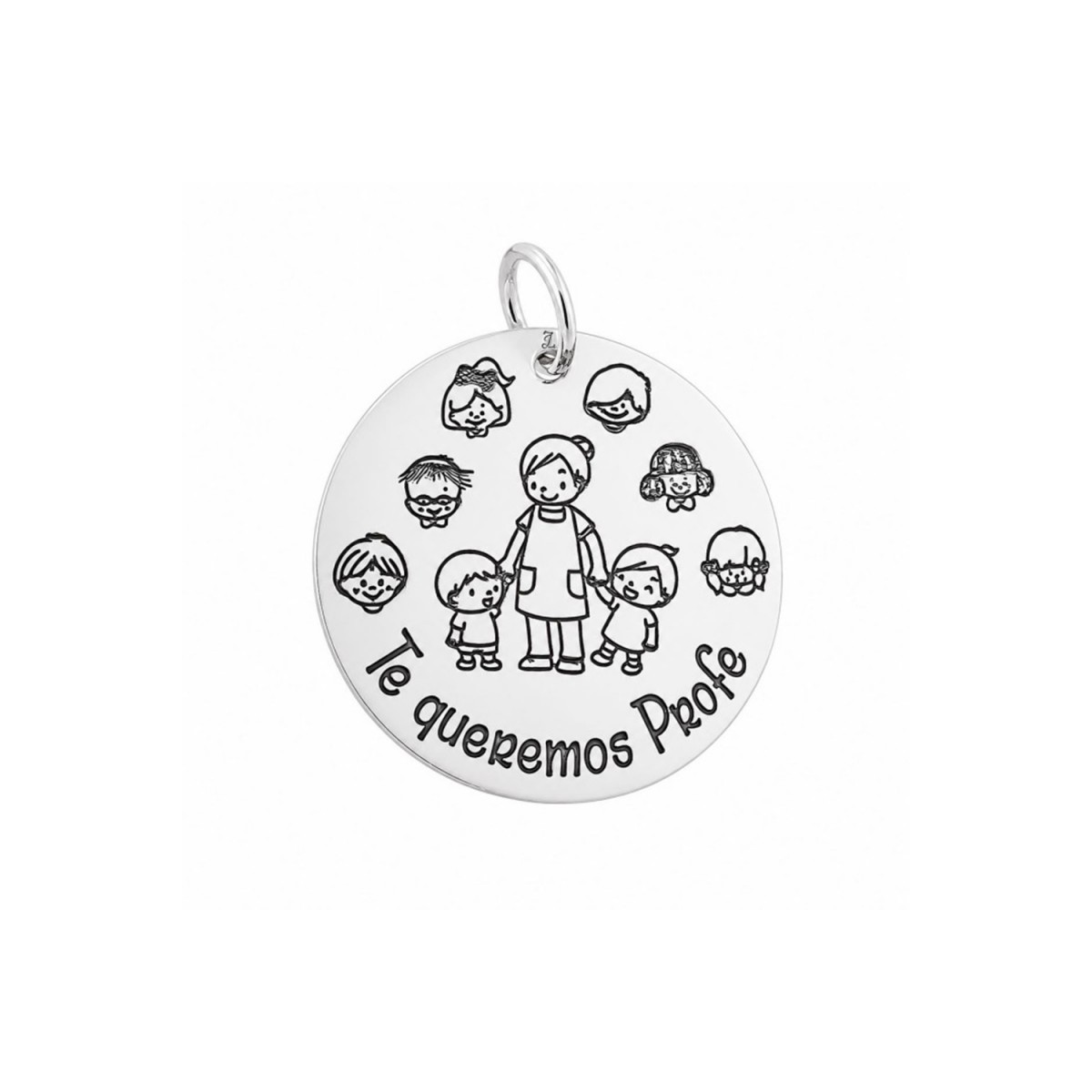 Colgante en Plata de Ley 925m con 30 mm. mensaje TE QUEREMOS PROFE detalle niños. Grabación incluida en el precio