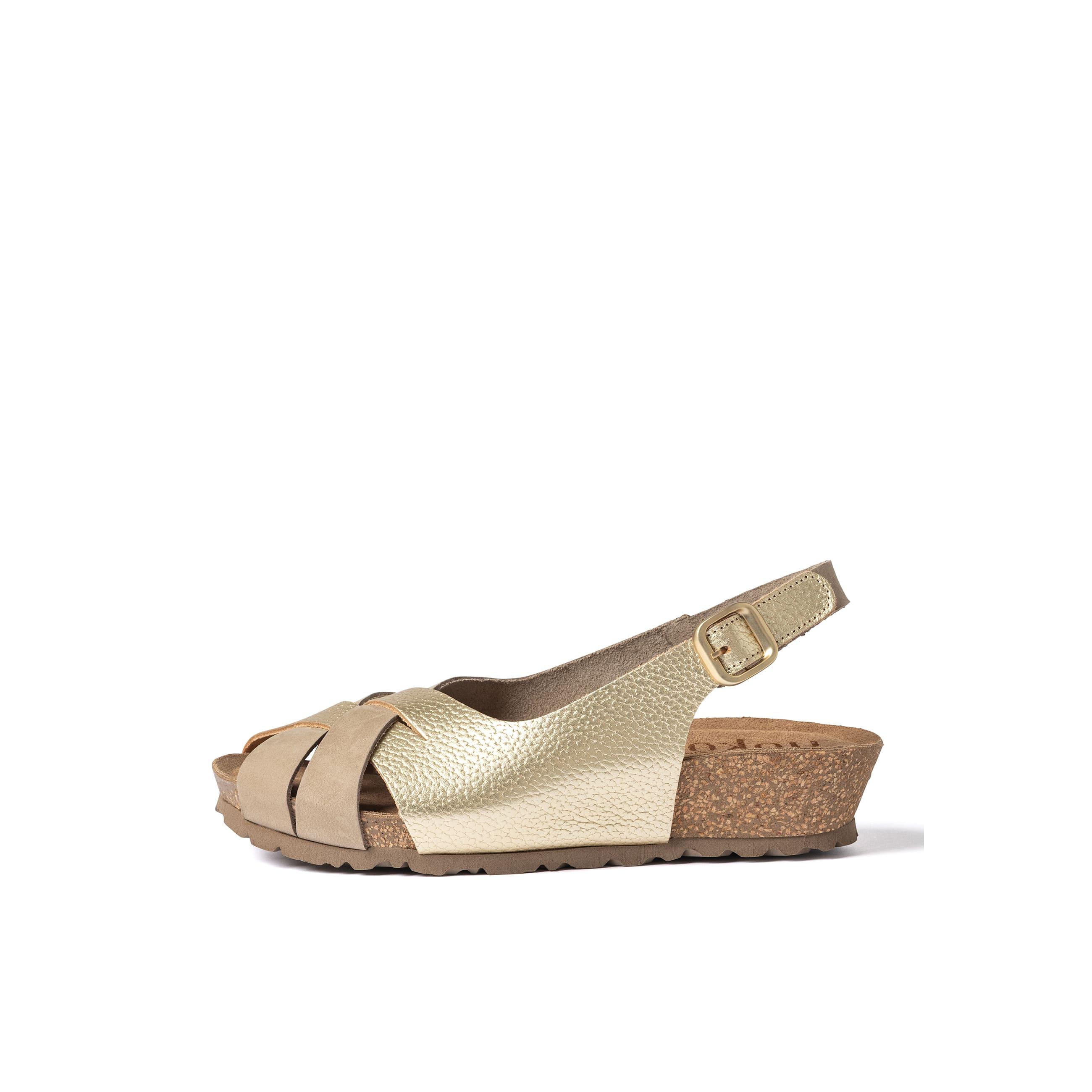 YOKONO Sandalia cuña MONACO-262 DORADO | Zapatos mujer Primavera-Verano | Piel vacuna  Nob./perla | 3 CM