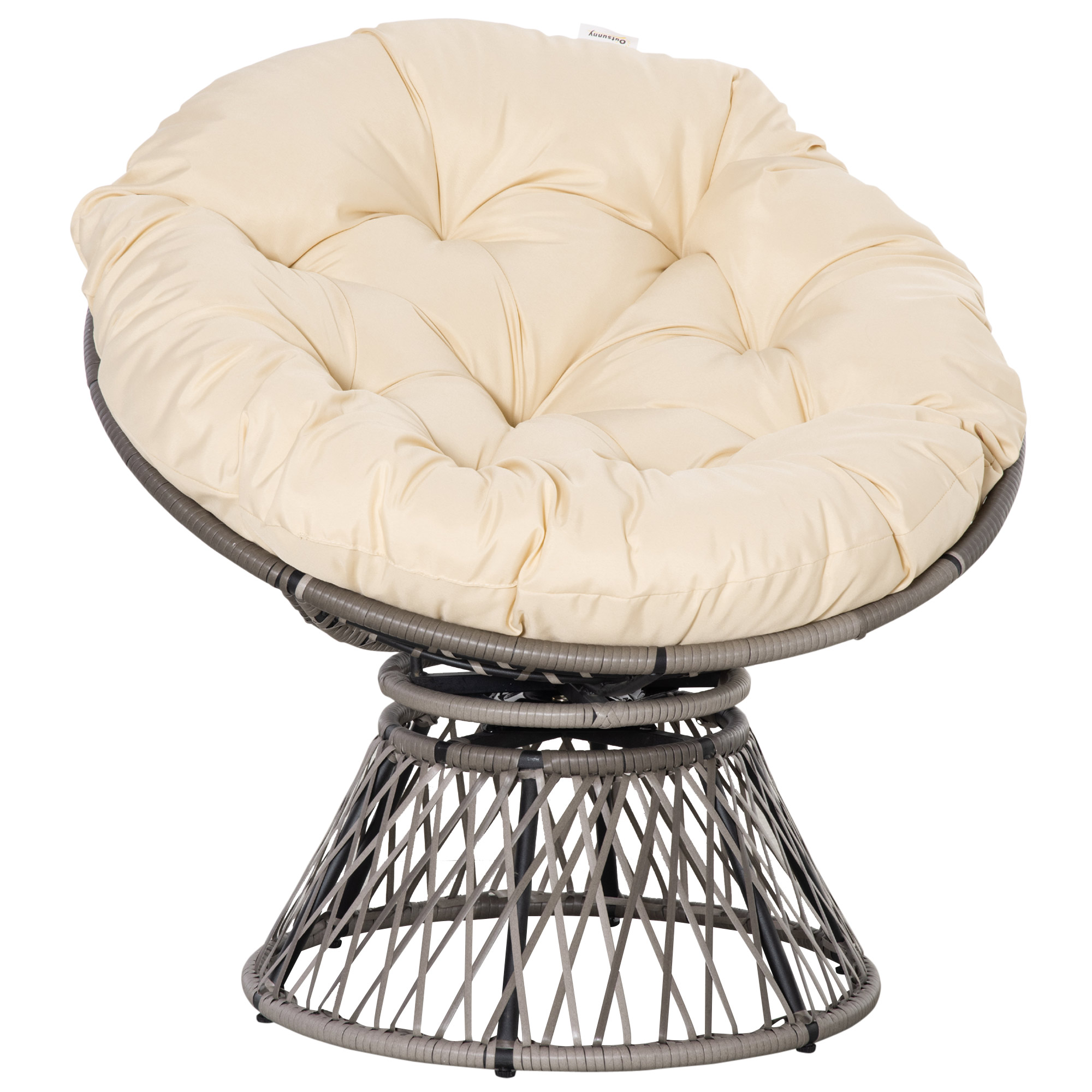 Outsunny Sillón Papasan Giratorio 360° de Ratán Sintético Silla Ovalada de Mimbre PE con Cojín y Marco de Acero Carga 160 kg para Jardín Patio Terraza 87x97x86 cm Gris