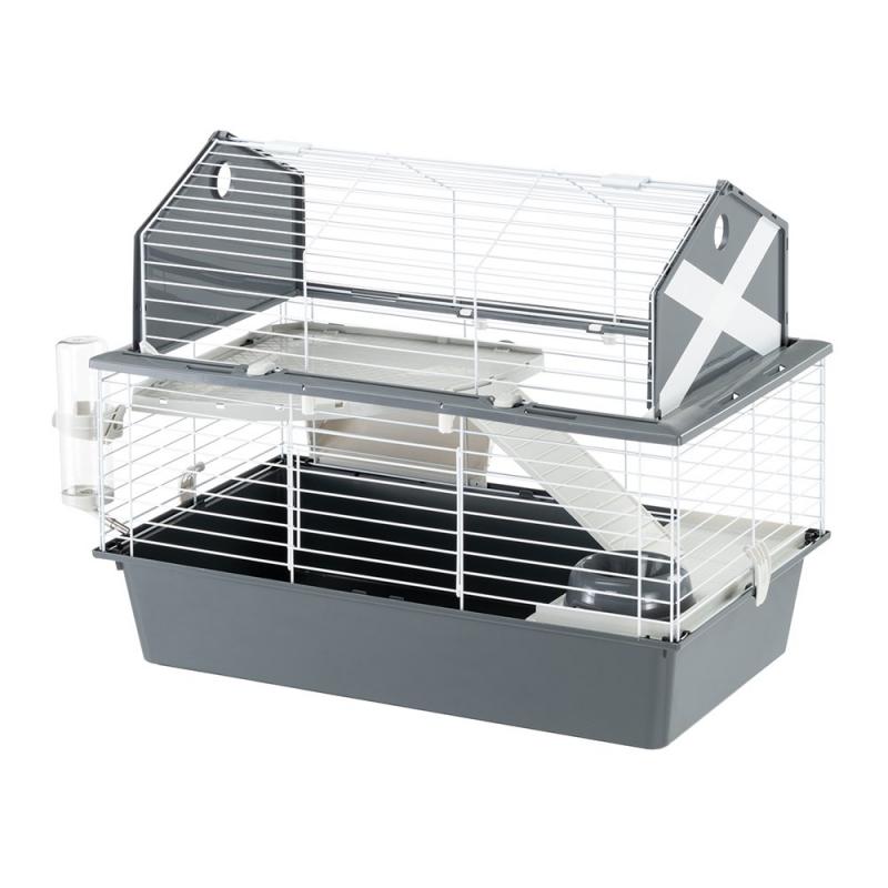 Ferplast Jaula para Conejos Granero 80, 2 Niveles, Techo Abatible, 78 x 48 x h 65 cm, Gris