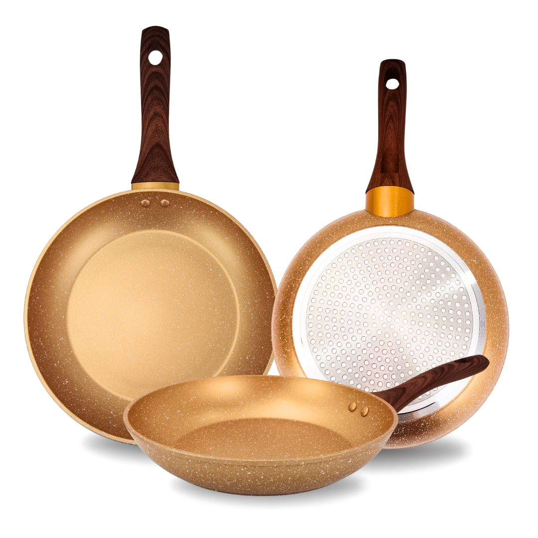 Set de 3 Sartenes de Aluminio Forjado 20/24/28 cm con Revestimiento Antiadherente de Mármol 3 Capas, Mango Ergonómico de Silicona, Aptas para Cocina de Inducción, Gas y Vitrocerámica