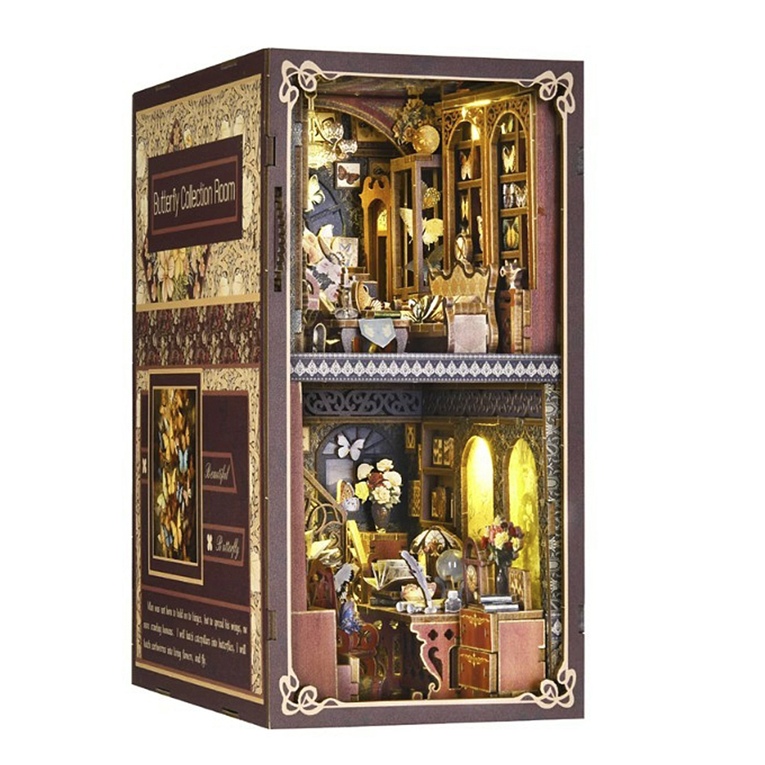DAM. Colección de Mariposas. Book Nook de madera, diseño 3D realista con gran detalle, cubierta y luces led. 12x18x23cm.