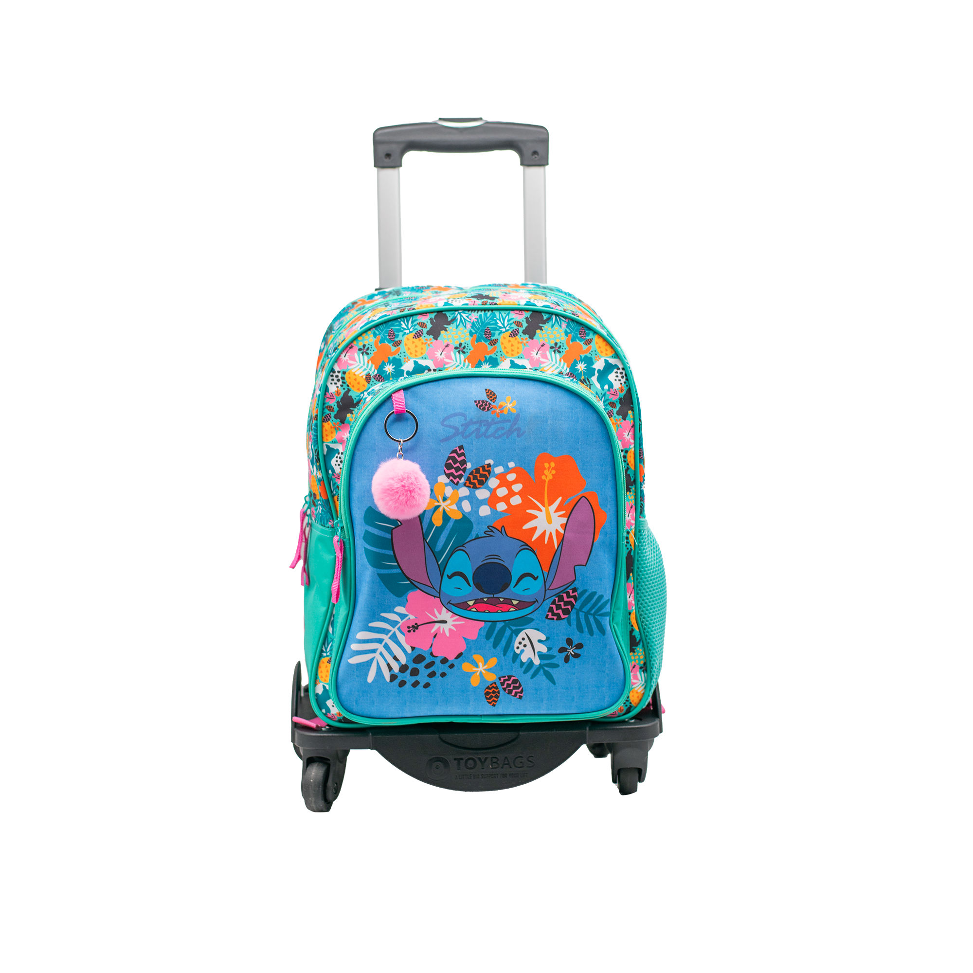 Mochila Escolar Stitch Tropical - Doble Compartimento - CON ACCESORIO POM-POM - Adaptable + CARRO NEGRO TOYBAGS CON PROTECCION LATERAL Y STOPER FRONTAL ANTI CAIDA 4 ruedas giratorias - 44 X 30 X 20 CM