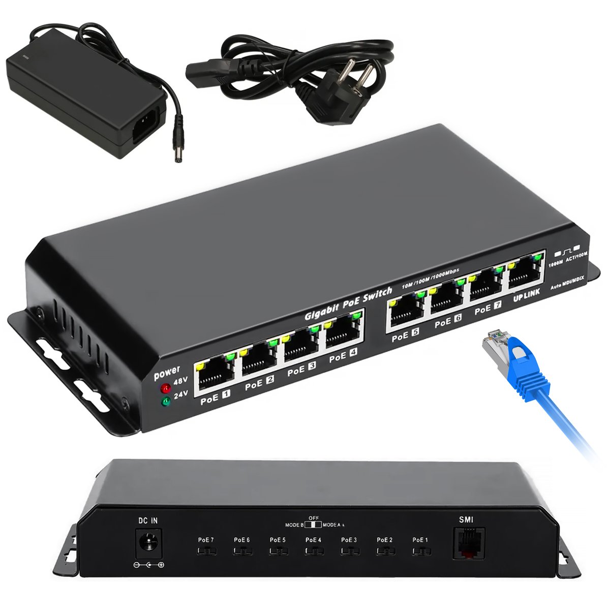 Extralink kratos  poe switch  7x gigabit poe, 1x uplink rj45, fuente de alimentación 24v 2.5a, 60w