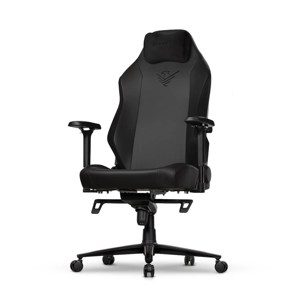 Phoenix - Silla gaming PHMRE-C-BK-XL de tela y terciopelo con espuma de alta densidad, respaldo reclinable 165° y ajuste lumbar doble para adultos, color negro