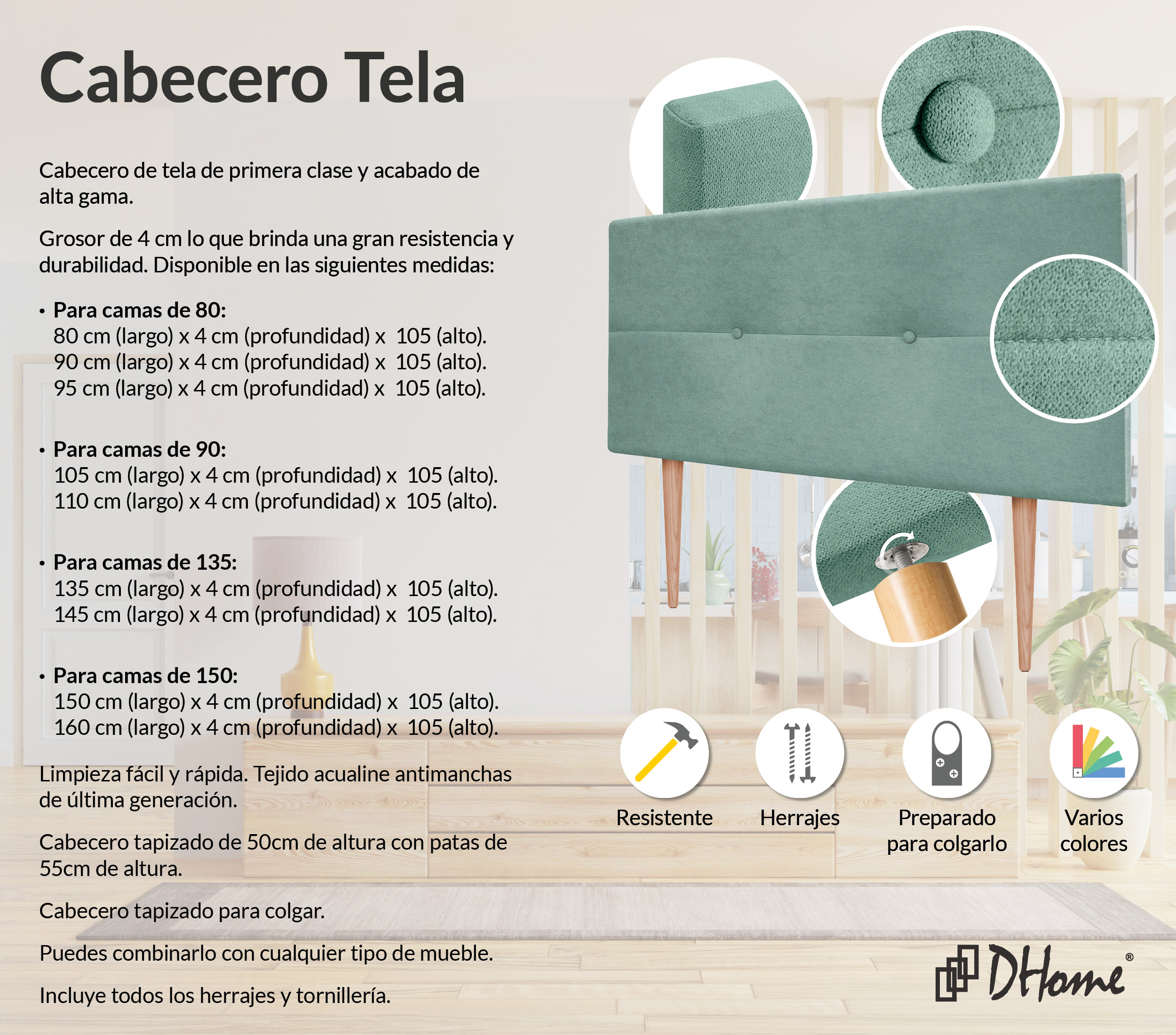 DHOME Cabecero de Lino Natural Liso Cabezal Tapizado Cama Dormitorio  Moderno Top Trending (Verde, 190cm Dual (Camas 180/190))