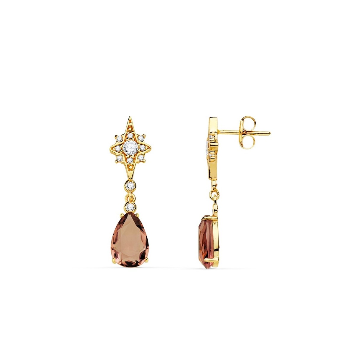 Pendientes oro 18k largos 29mm. estrellas circonitas lágrima color alejandrita cierre presión mujer