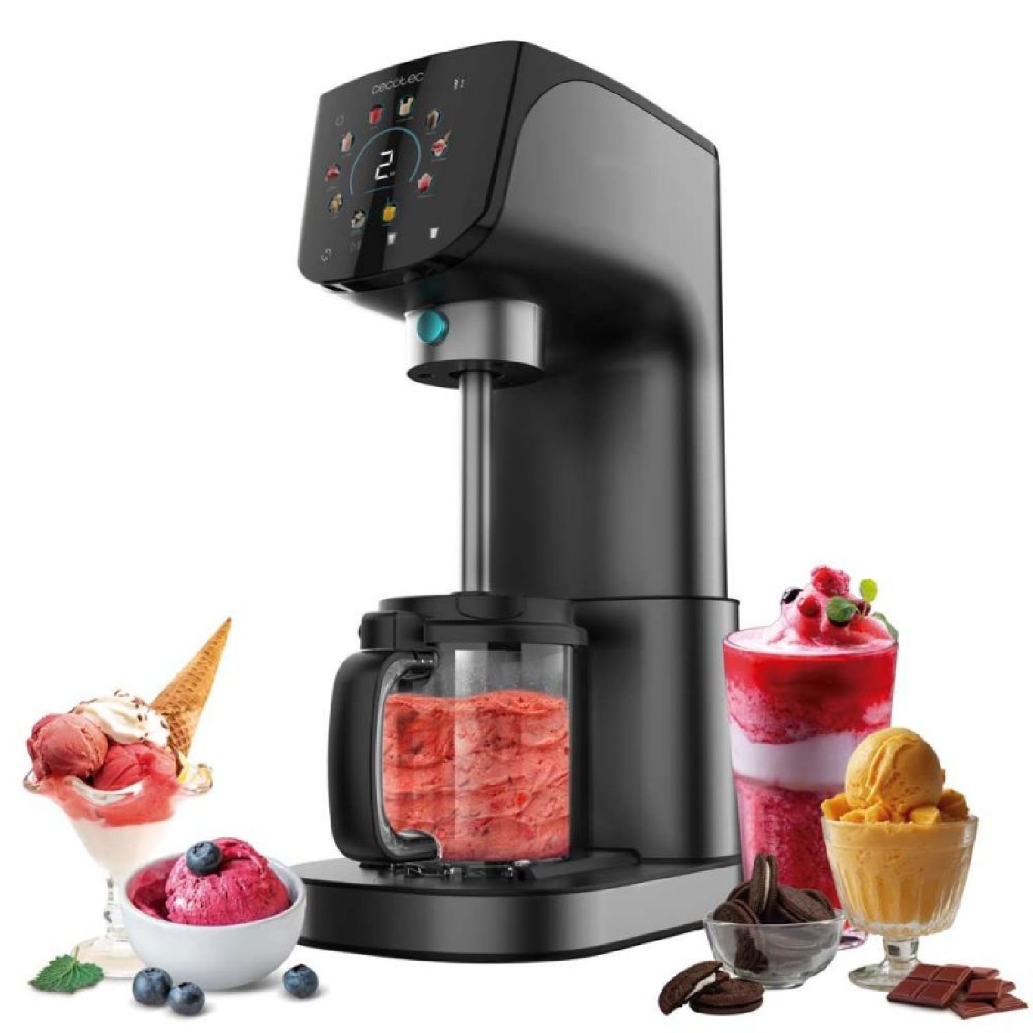 Cecotec Heladera Multifunción Capacidad 2,1L, 3 Tarrinas, Gelatec 2100. 500W, 11 Programas de Helado y Bebidas Granizadas