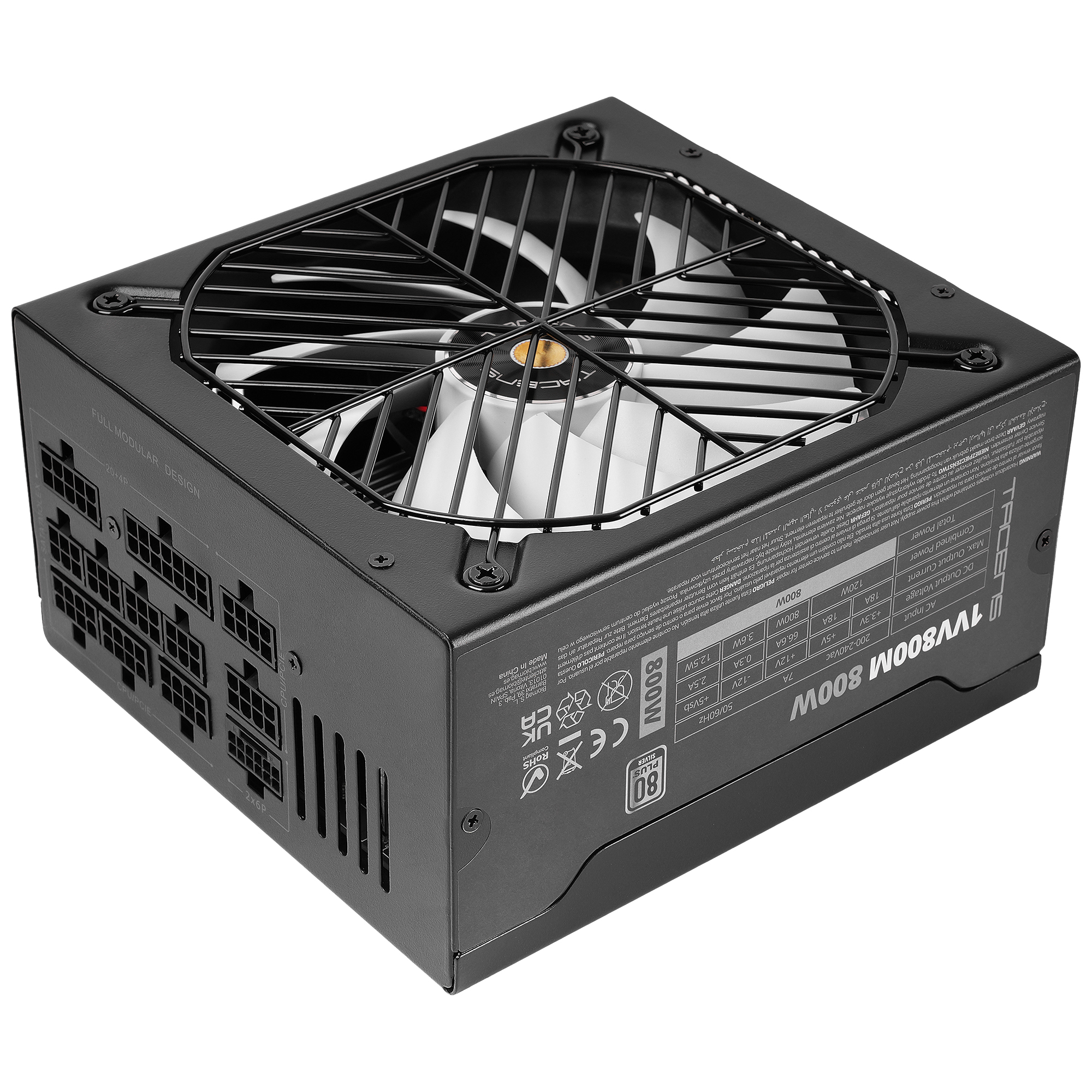 Tacens Valeo V 800M, Fuente de Alimentación ATX 3.1 800W, 10 Años Garantía, 80Plus Silver, Ventilador AI2-RPM FDB 140mm, Condensadores Japoneses 105°C, Cableado Modular, PCIe 5.1 y 12V 2x6, Negro