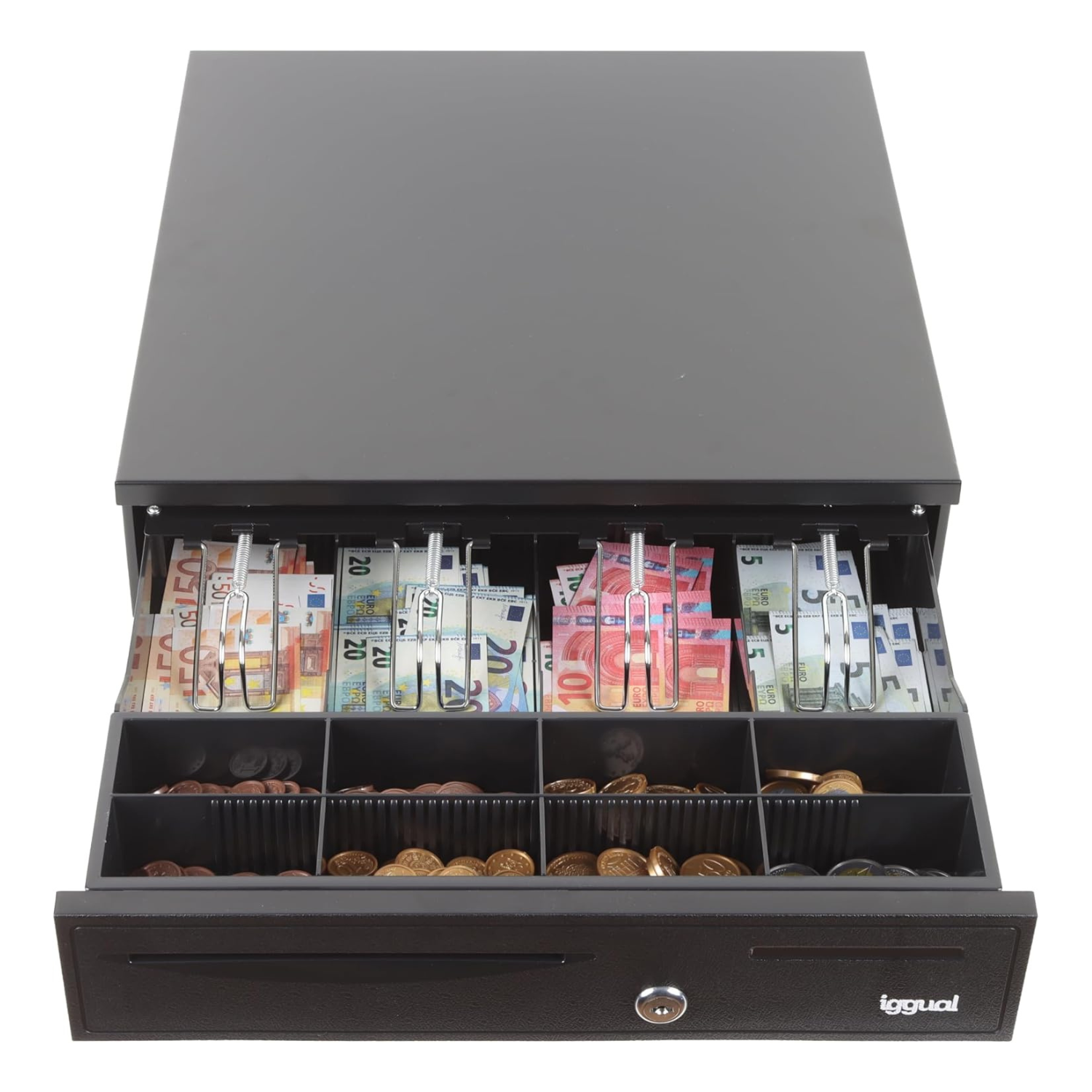 Iggual - IRON-20 Cajón Portamonedas Caja Registradora TPV Apertura Manual o Automática | 42 x 40,5 x 10 cm | RJ11 | Efectivo | 4 Compartimentos Billetes y 8 para Monedas Extraíble y Ajustable | Cerradura 3 Posiciones | Restaurantes, Bares, Tiendas - Negro