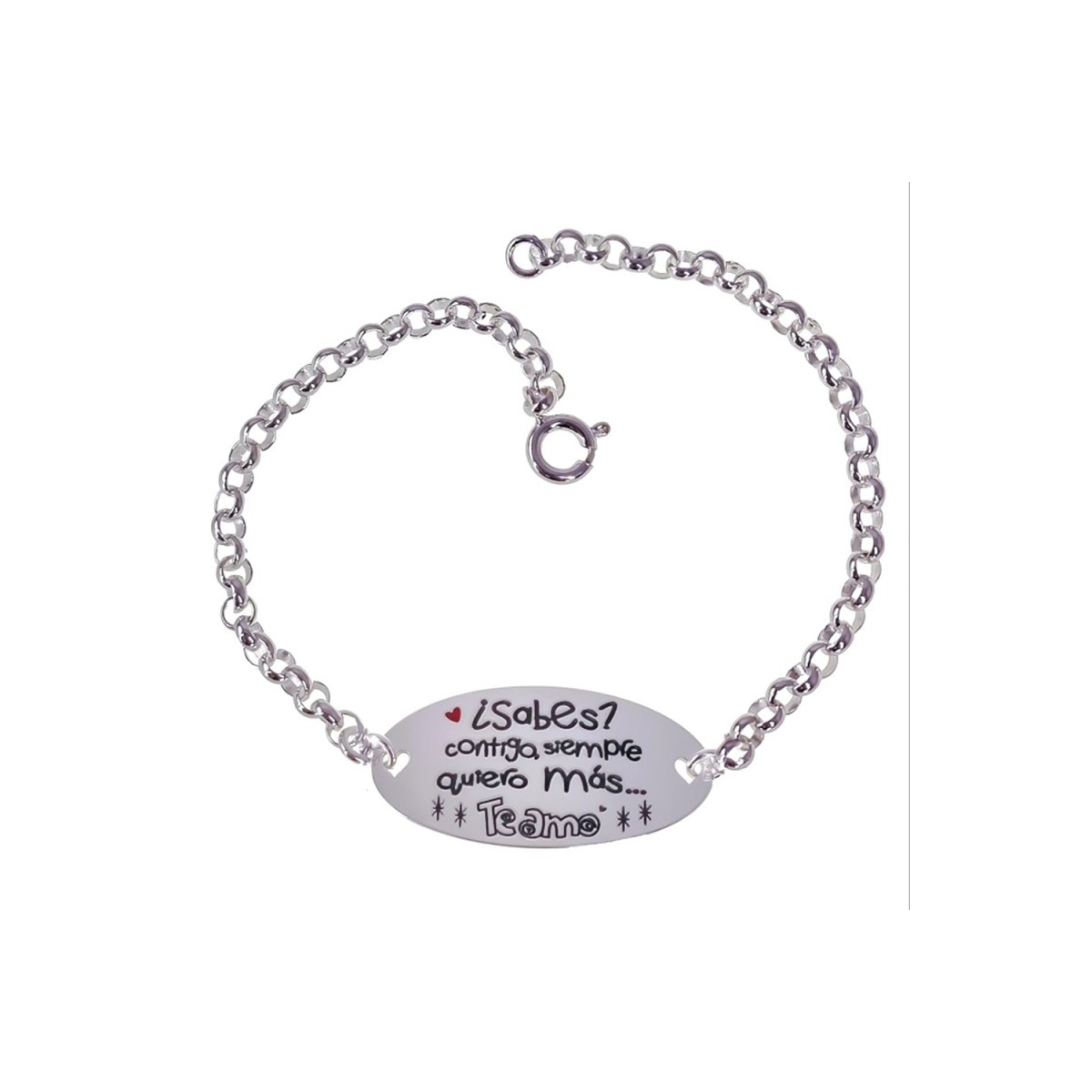 Pulsera Plata Ley 925m cadena rolo 18 cm. corazones esmaltados CONTIGO SIEMPRE QUIERO MÁS... TE AMO