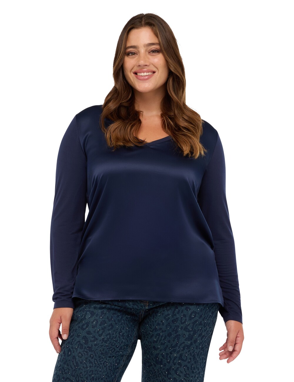 Fiorella Rubino - Camiseta bimatérica con escote en V y mangas largas