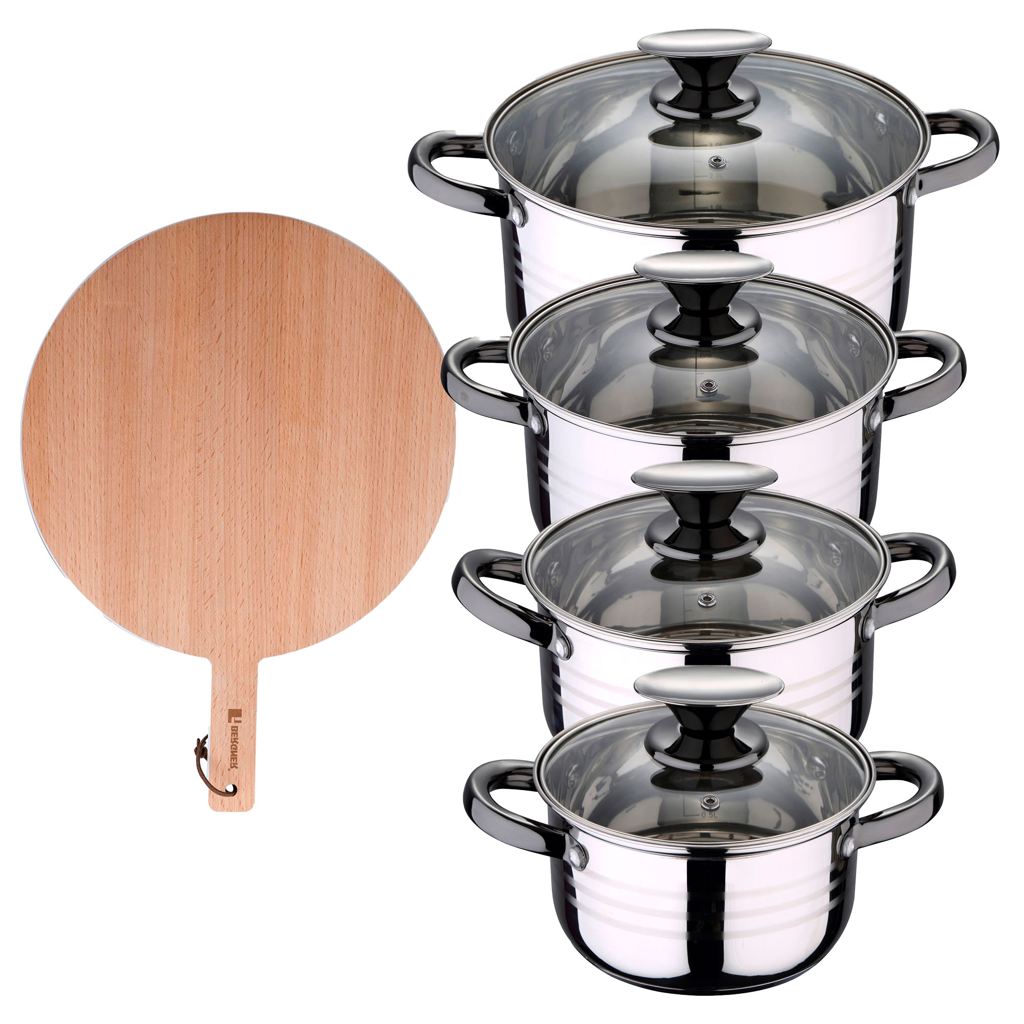 Bateria 8pc acero inoxidable apta para inducción Colección San Ignacio Premium +  Delantal de Cocina Gris oscuro 100% Algodón 75x80cm
